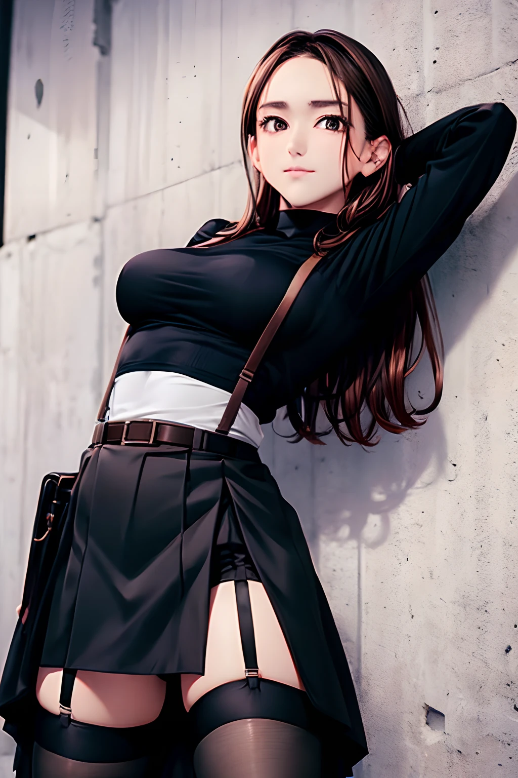 Black skirt, suspenders, Brown hair Gray eyes, Garter belt on the legs, Tight black clothes, a belt Armpit sweat Dark look Moderately breasts holster Forehead Center