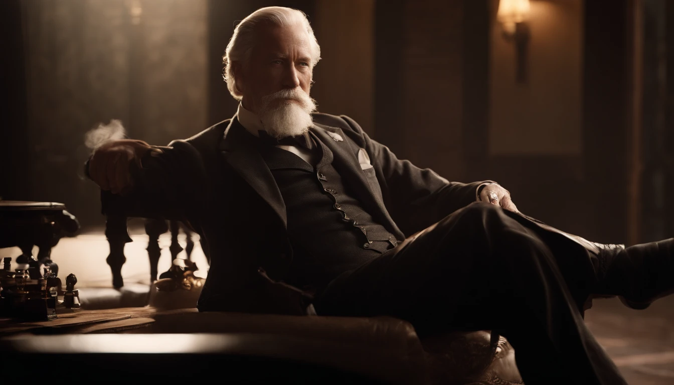Old gentleman with a goatee，sit on chair，Touch the black riding boots with your hands, 8K分辨率,Wallpaper masterpiece，Best quality，Highly meticulous，Ultra high quality，The midday sun is a bit dazzling