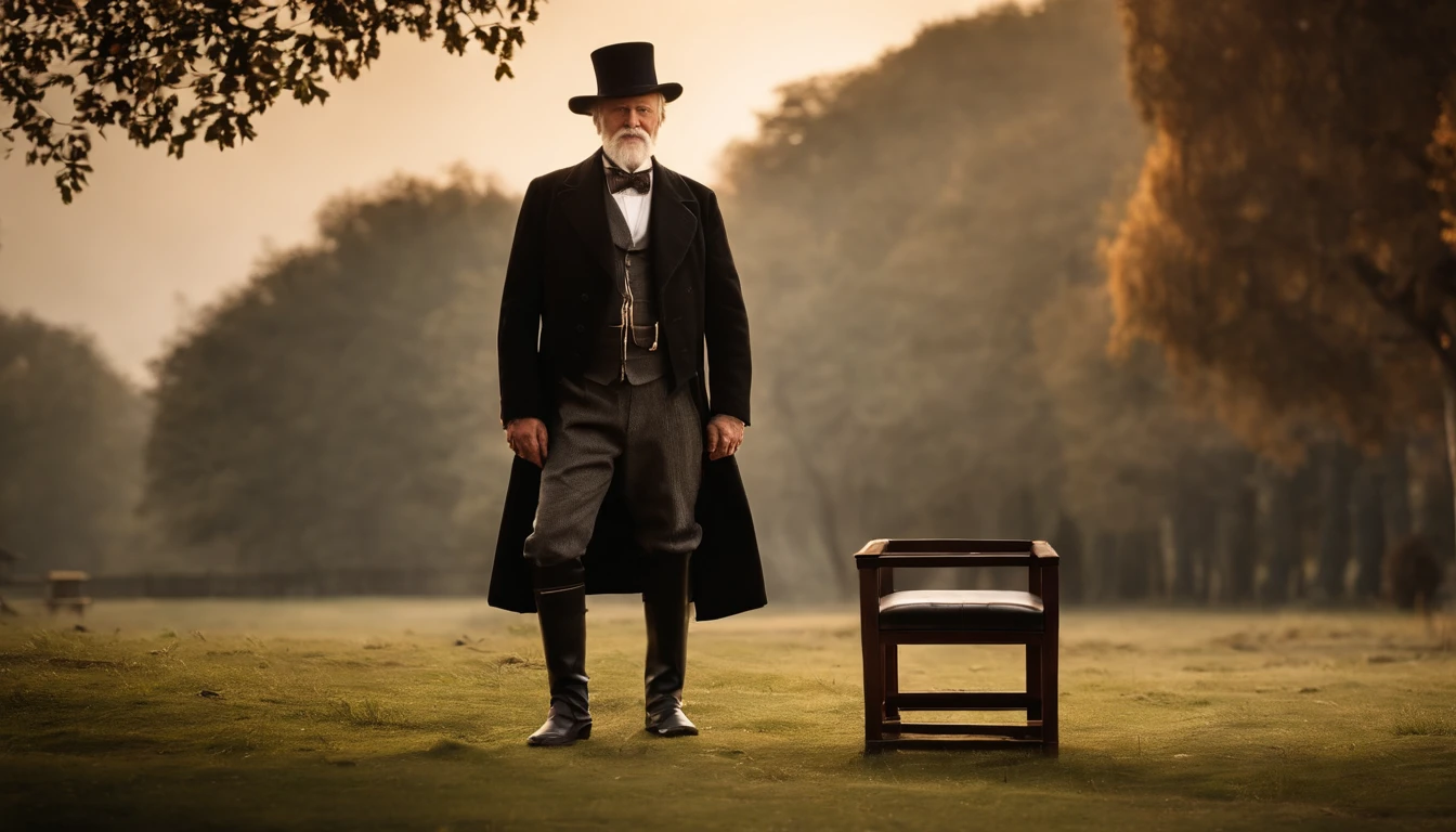 Old gentleman with a goatee,sit on chair,Touch the black riding boots with your hands, 8K分辨率,Wallpaper masterpiece,Best quality,Highly meticulous,Ultra high quality,The midday sun is a bit dazzling