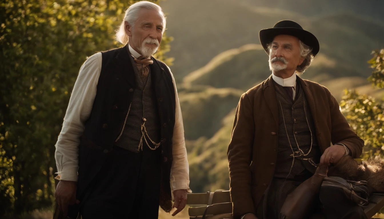 Old gentleman with a goatee，sit on chair，Touch the black riding boots with your hands, 8K分辨率,Wallpaper masterpiece，Best quality，Highly meticulous，Ultra high quality，The midday sun is a bit dazzling