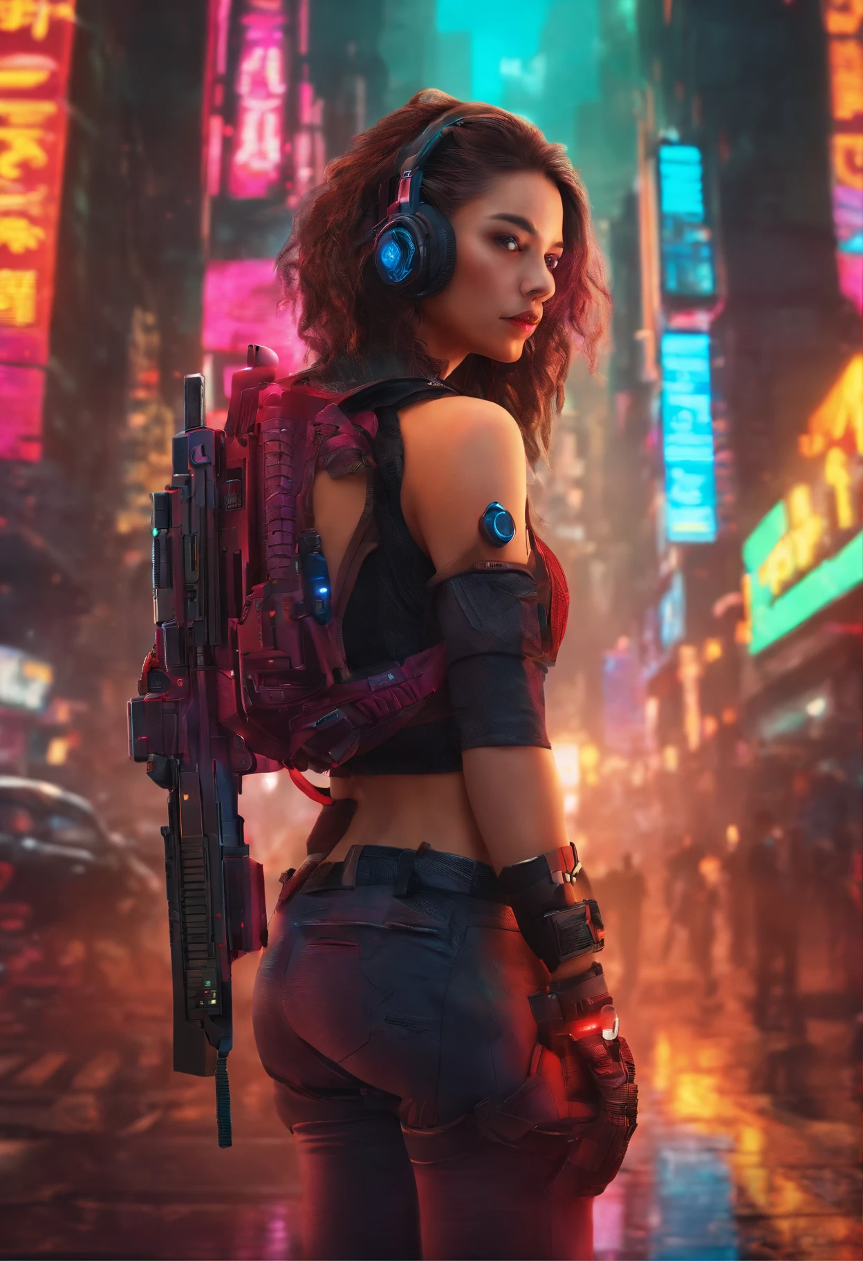 ((High quality)), ((masutepiece)), 8K, 2girls, bulletproof vest, llight rays, Highly detailed CG Unity 8K wallpaper, Game CG, Looking at Viewer, gloves, long boots, Full body, Watch, a computer, Mask, drone, holding weapon, headphones, Jacket, (Background Destruction City , explosions , Smoke