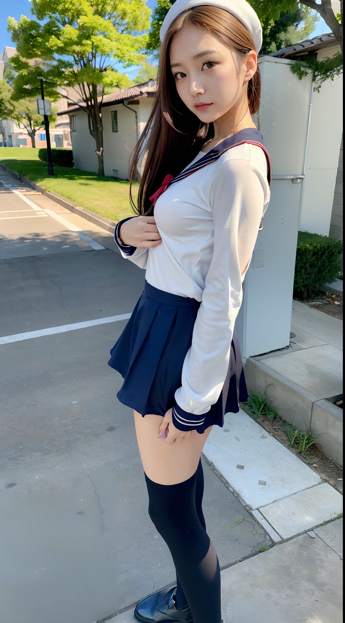 1a beauty girl、hi-school girl、a sailor suit、low angles、a miniskirt、My underboob is visible、I can see my panties.、full body Esbian、A slight smil、chestnut hair in twintails