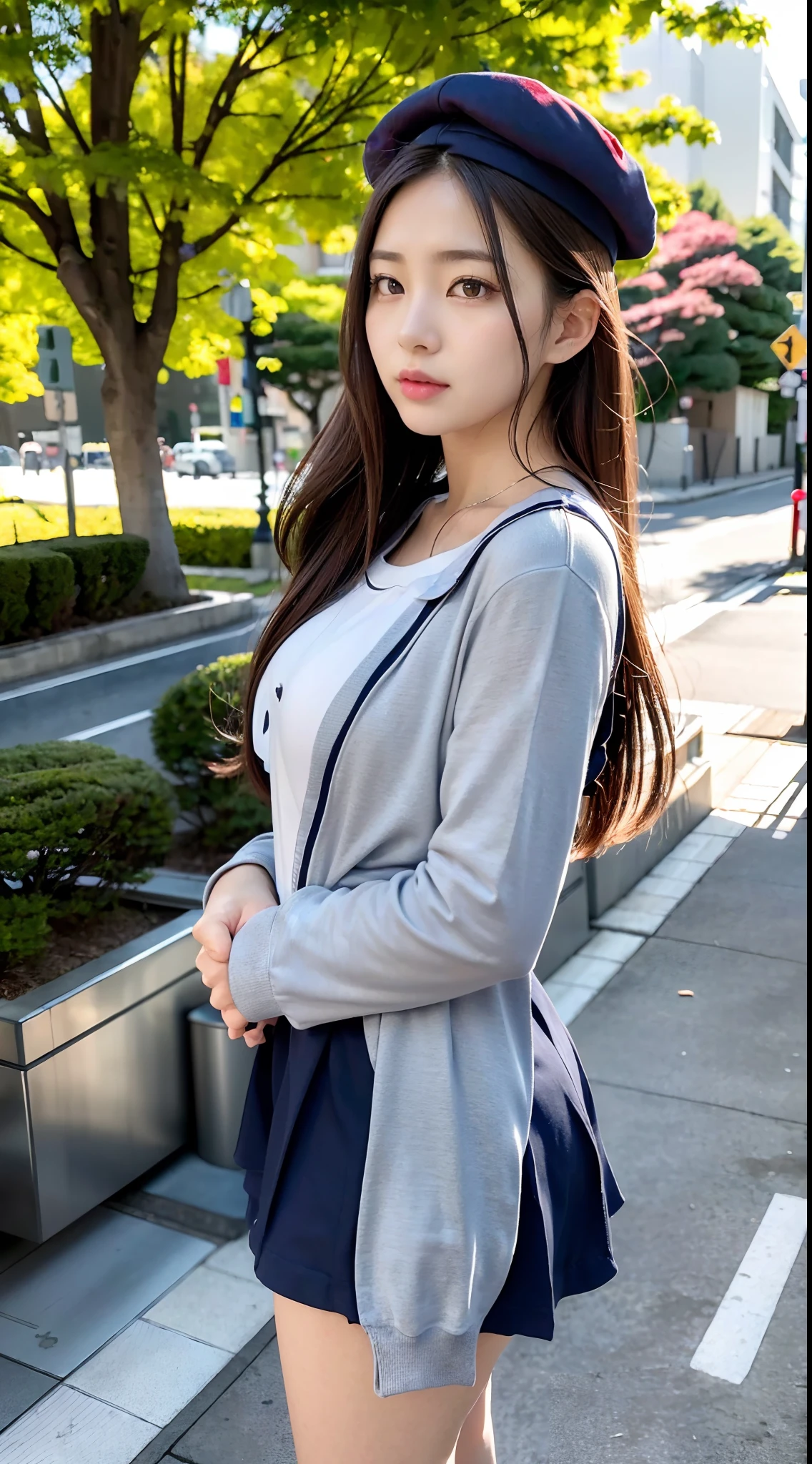 mix4, (16 K, Raw photography, Top image quality, ​masterpiece: 1.45), (realisitic, Photorealsitic: 1.37), one girls, 7．5, etc、Standing figure，Noon time slot、cute little, A city scape,, profetional lighting, photon maping, Cityscape with street trees, physically-based renderingt, Gradient dark brown hair,, a handsome, Well-groomed and beautiful eyes、Large double eyelids、Very shiny、girl with, (((student clothes、Long sleeve sailor suit worn by Japan schoolgirl、red cuffs、Dark blue mini skirt, Small gray beret、Dark blue knee-high socks、Black loafers))), Top Quality Photos, hight resolution, 1080p, (clearface), (Detailed face description), (Detailed hand description), (​masterpiece), (Exquisite CG)、extreme light and shadows、dishevled hair、master work、abundant detail、(Fine facial features)、(top quality photo)、(masuter piece)、(A detailed eye)、Look in front of you、Fine clavicle、((Slender big))、(((Japan schoolgirl in long-sleeved sailor suit)))、((Ready Idol System))、((Boulevard with street trees、Roads at the scramble intersection))、(Shooting from random perspectives)、(((Anyway cute)))、耳Nipple Ring、A big smile、Drawing the whole body from the knees、Do not draw nasolabial folds、(((Long-sleeved sailor suit)))、(Big breasts that hang down big:1.2)、Big buttocks with tension、Two arms and two legs、(((from the front side:0.5)))、bare hand、No mask、pony tail hairstyle、Wear large clothes so that your chest subsides