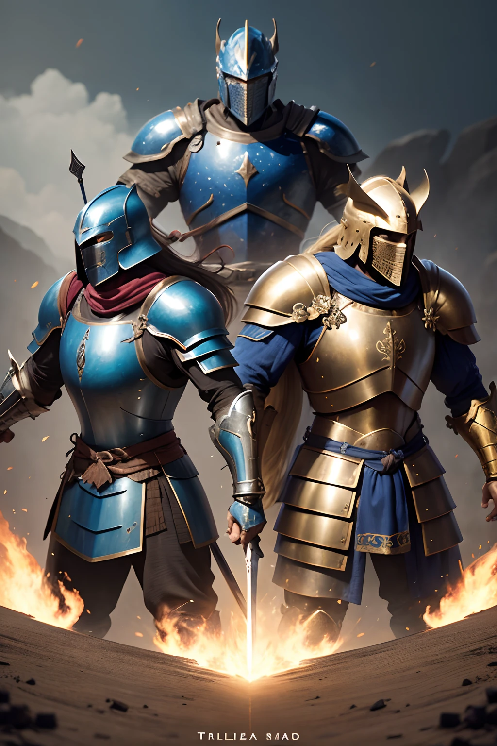 3 medieval warriors from the front attacking the camera, ultra realistic 4k poster format image, warrior 1: left side, super detailed blue armor and shield, warrior 2: center golden armor super detailed armor emphasis on attacking sword, warrior 3: side right armor super detailed armor green