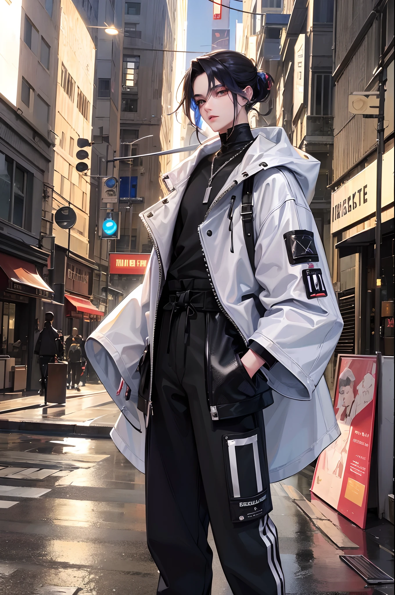 topquality tmasterpiece, Handsome guy, guy, Young man, Unusual hairstyle with shaved temples, colored strands of hair, in fashionable streetwear, Modern fashion, oversize clothes, Cool Look, Unusual viewing angle, Dynamic posture, in full height, Background: Beautiful streets of the city, Realistic beautiful lighting