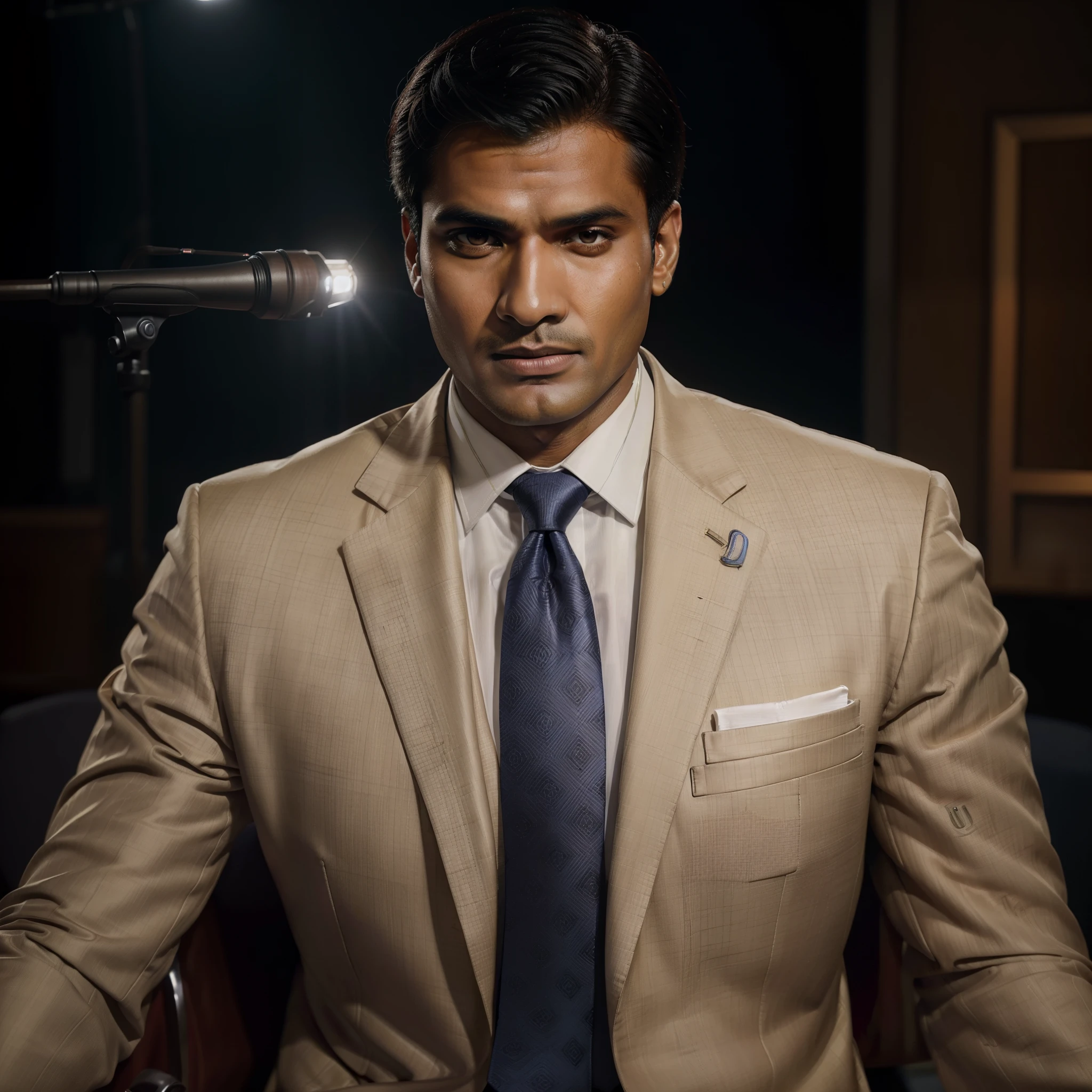 (best quality,realistic,studio lighting),very handsome(indian looking) man(news anchor),professional suits with tie(news studio),(portrait:1.2),((ultra realistic:1.8)),((Best quality)), ((Masterpiece)),((Detailed)),Face focus,RAW, 16k, hard light, realistic skin texture, (((photorealism))), HDR,((neutral colors),