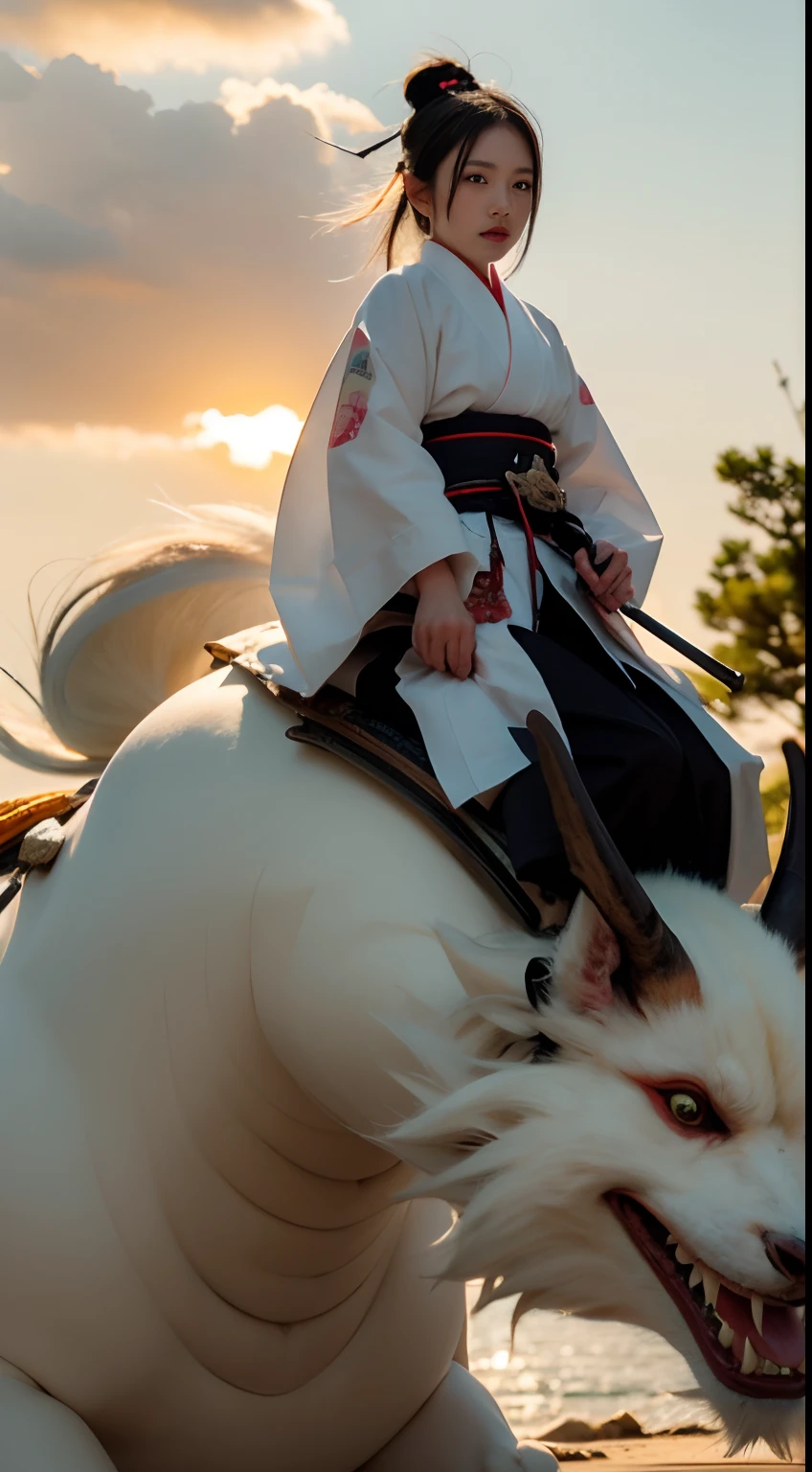 samurais,Manteau blanc,Riding a monster,The background is the setting sun,evening light,4K Ultra HD, 超高分辨率, (Photorealistic: 1.4), Best quality,Masterpiece,Utra dilution,(pastel colour:1.2)