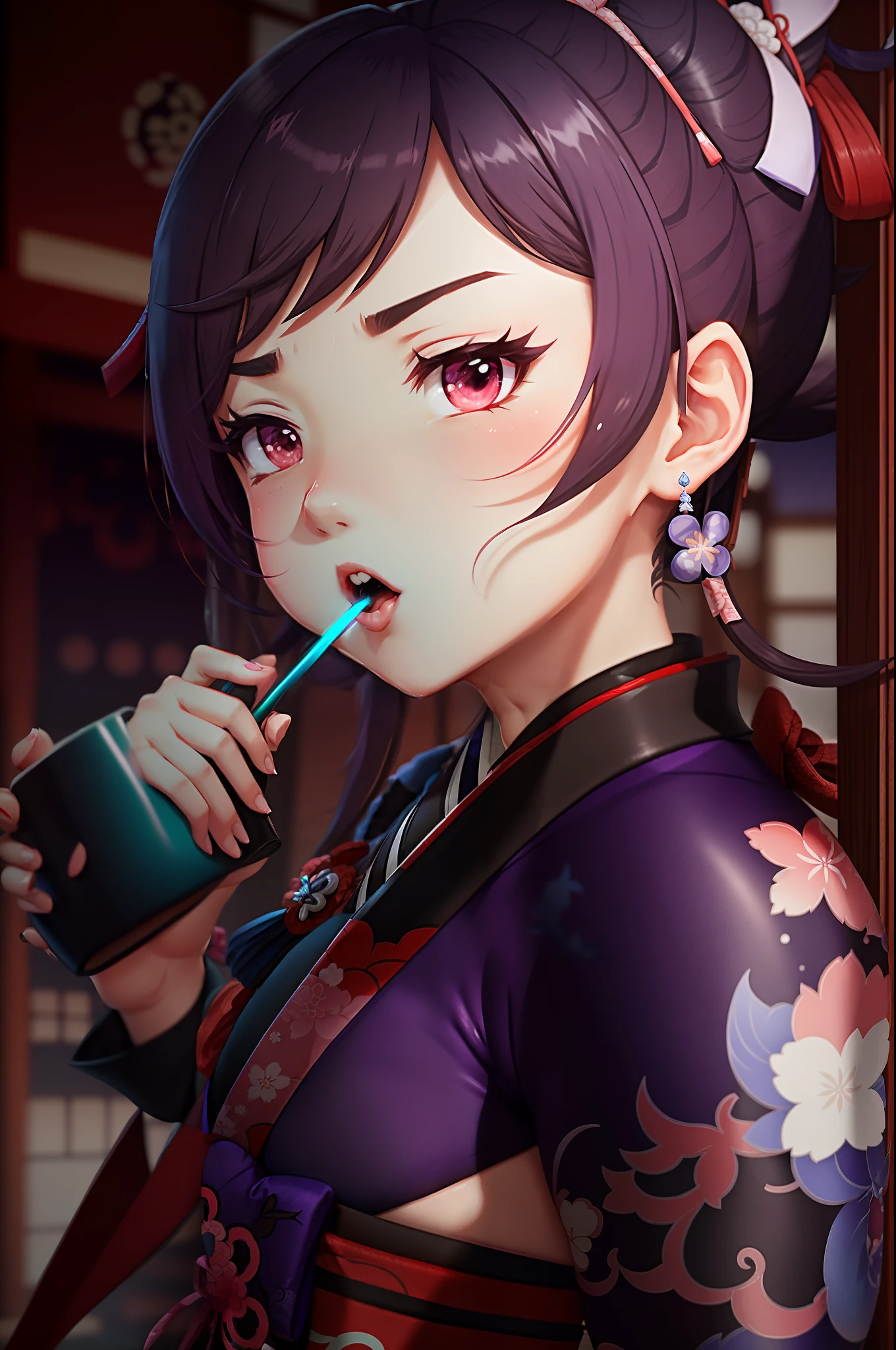(highest quality:1.2, Very detailed, up to date, Vibrant, Ultra-high resolution, High Contrast, masterpiece:1.2, highest quality, Best aesthetics), Portraiture、girl、25 years old, Bright colors、Beautiful fine details、Beautiful lip detail、long hair、black and purple ((streaked hair:1.6)), highlights hair: 1.5, brown eyes, glasses, earrings, ((slim body:1.6)), (small :1.5),Cheongsam, double bun , eating, sitting, chinese restaurant, Cowboy shot,