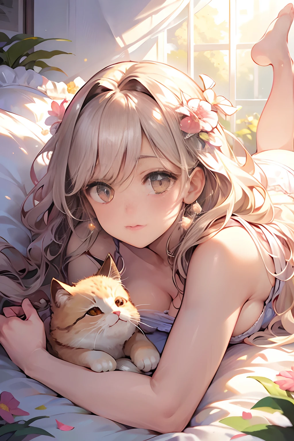 suns rays,1girll,{{ Perfect proportions for facial features}},{{Masterpiece}}, {{{Best quality}}},{{Ultra-detailed}}, {{illustration}},{{Masterpiece}},{{{Best quality}}},{{Ultra-detailed}}, {{{illustration}}},Clear facial features,Beautiful scene,Photorealism,Realism,Photorealistic,High detail,hyper qualit,k hd,Lying on a white bed of broken flowers,(Lazy:1.2),cute big breasts,pinkdress,(Messy hair),Bright eyes,Glamorous,bright,(rays of sunshine),Kittens