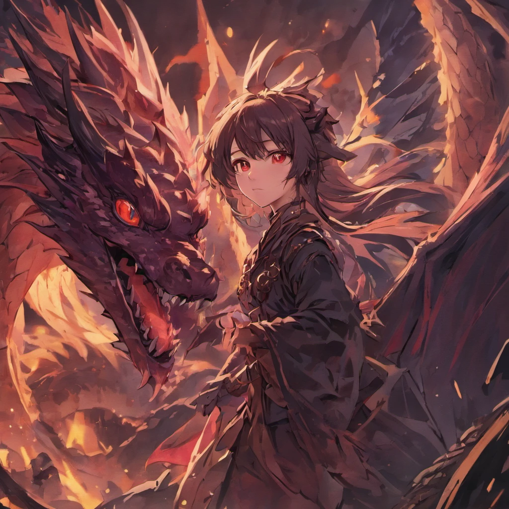girl with short red hair standing in front of a rising dragon