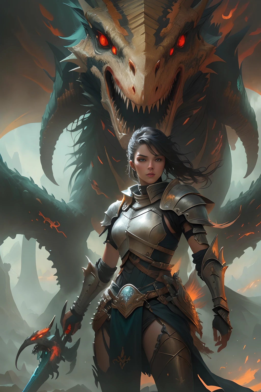 Lady Knight，eyes glowing，Ride on a giant monster, Ride monsters, Epic fantasy digital art style, epic fantasy sci fi illustration, Epic fantasy art style, Epic fantasy art style HD, epic full color illustration, inspired by Aleksi Briclot, riding a cyborg raptor, epic fantasy card game art, Epic fantasy style art, epic fantasy illustration, epic rpg artwork