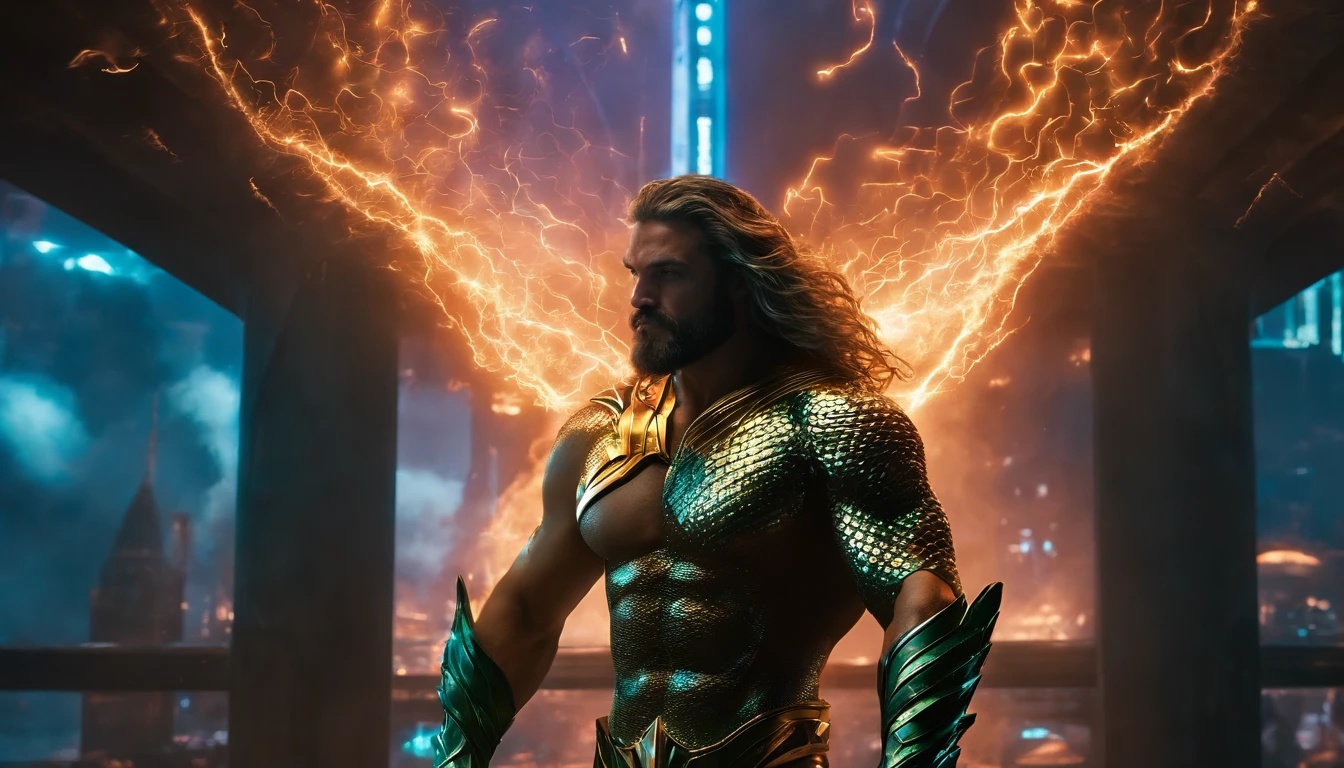 Retrato sombrio de Aquaman da DC, extremamente detalhado, futuristic cityscape, noite, glowing neon lights, smoke billowing, Sparks, Metal shavings, Detritos voadores, efeitos da energia azul, volumetric light