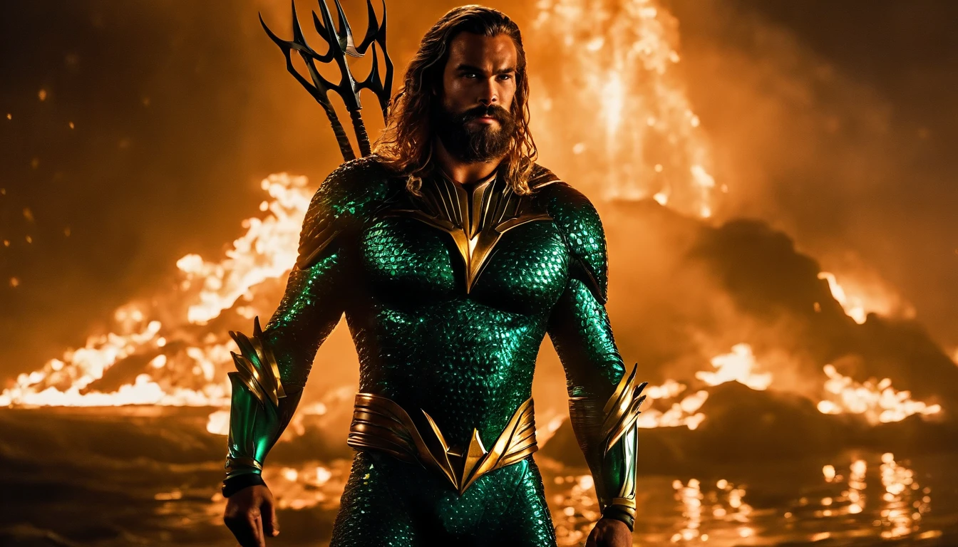 Retrato sombrio de Aquaman da DC, extremamente detalhado, futuristic cityscape, noite, glowing neon lights, smoke billowing, Sparks, Metal shavings, Detritos voadores, efeitos da energia azul, volumetric light