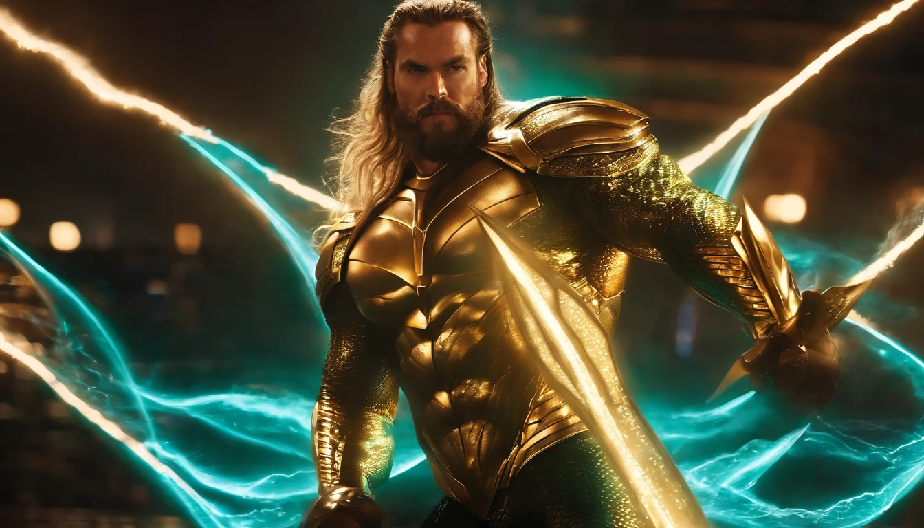 Retrato sombrio de Aquaman da DC, extremamente detalhado, futuristic cityscape, noite, glowing neon lights, smoke billowing, Sparks, Metal shavings, Detritos voadores, efeitos da energia azul, volumetric light