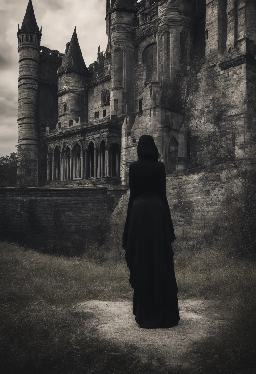 mulher sexy com seios amostra, ((topless)), roupas de couro, detalhes intricados, realista, castle in distance, vintage