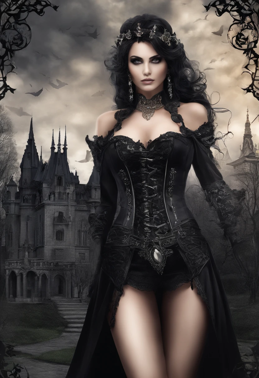 very attractive 25 year old caucaseian girl with long platinum blonde hair, A beautiful woman, hourglass figure, large breast , long platinum blonde hair, black lipstick, blue eyes, seductive Goth style with Goth jewelry, wearing a (ornate Victorian corset in Duotone [red and black] style:1.3), standing in a cemetery  in the early at night under a full moon, (Fogcore style:1.3), (full body:1.3), hyper realism, 8k high definition, vibrant colors, sharp focus, insanely detailed