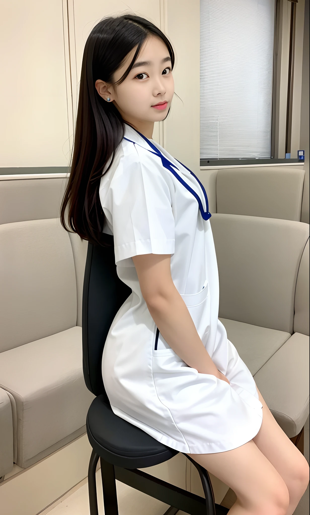 20-year-old beauty, wearing white nurse uniform, healthcare worker, Wear a nurse's uniform in the hospital, Sit tight, Sit in the waiting room, Portrait of a nurse on a stool, Beautiful nurse, resting after a hard mission, BREAK BREAK BREAK, woman is sitting, , resting after a hard fight,Hydrated and well-proportioned calves,White and tender lotus feet,fully body photo