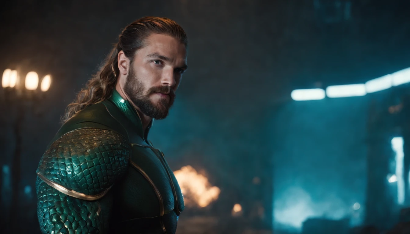 Retrato sombrio de Aquaman da DC, extremamente detalhado, futuristic cityscape, noite, glowing neon lights, smoke billowing, Sparks, Metal shavings, Detritos voadores, efeitos da energia azul, volumetric light