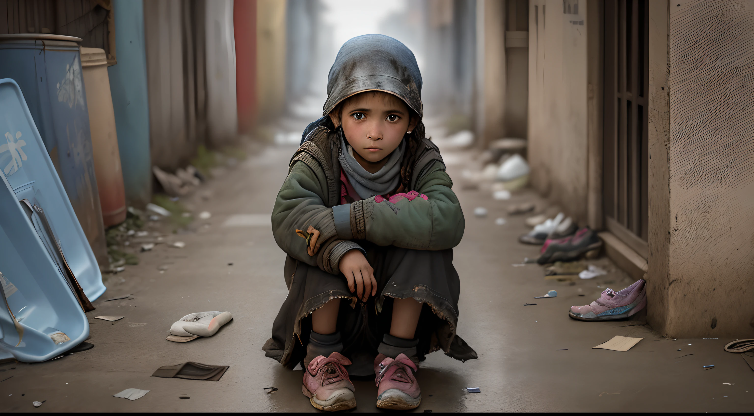 A little girl in very tattered clothes and poor, squatting on the ground selling matches in the cold night, well, poor eyes, on the street, tattered shoes, dirty, a lot of dust, next to a super huge cute yellow-haired cat to accompany her, next to the garbage can, dirty street, garbage truck