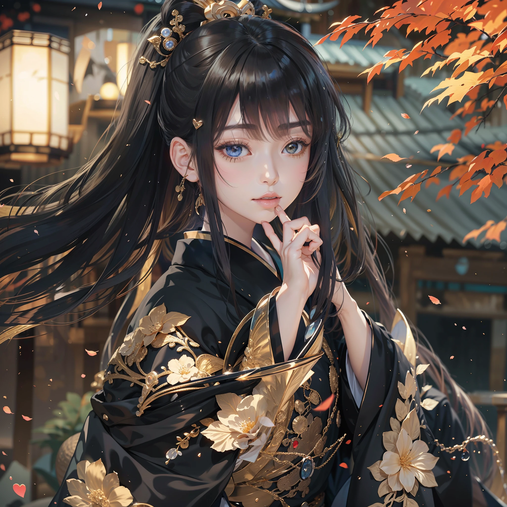 season autumnal、watching at viewers、Ancient capital and moon in the background、poneyTail、Woman with shiny black hair、{{{Luxury kimono(Black kimono(Detailed golden embroidery,))}}}、face perfect,Depict a beautiful and graceful woman of Japan。Heart in the eye。full body Esbian。 Beautiful anime art wallpaper 8k, beautiful fantasy anime, Beautiful anime, Detailed anime artwork.Blur the background with a sickle,((masutepiece)), ((Best Quality))