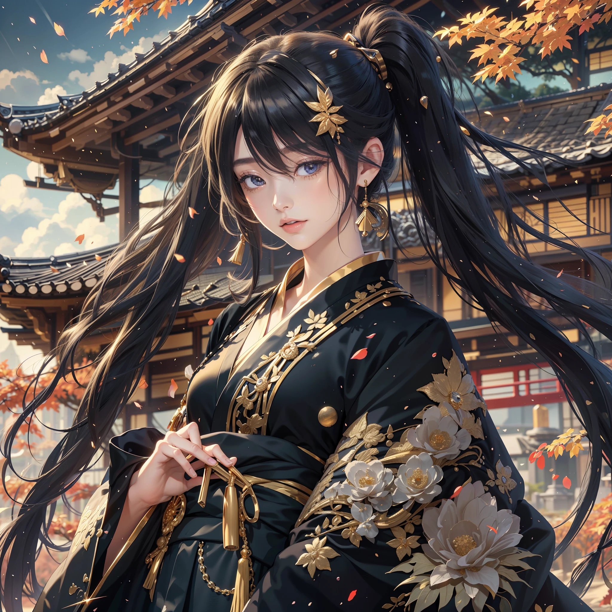 season autumnal、watching at viewers、Ancient capital and moon in the background、poneyTail、Woman with shiny black hair、{{{Luxury kimono(Black kimono(Detailed golden embroidery,))}}}、face perfect,Depict a beautiful and graceful woman of Japan。Heart in the eye。full body Esbian。 Beautiful anime art wallpaper 8k, beautiful fantasy anime, Beautiful anime, Detailed anime artwork.Blur the background with a sickle,((masutepiece)), ((Best Quality))