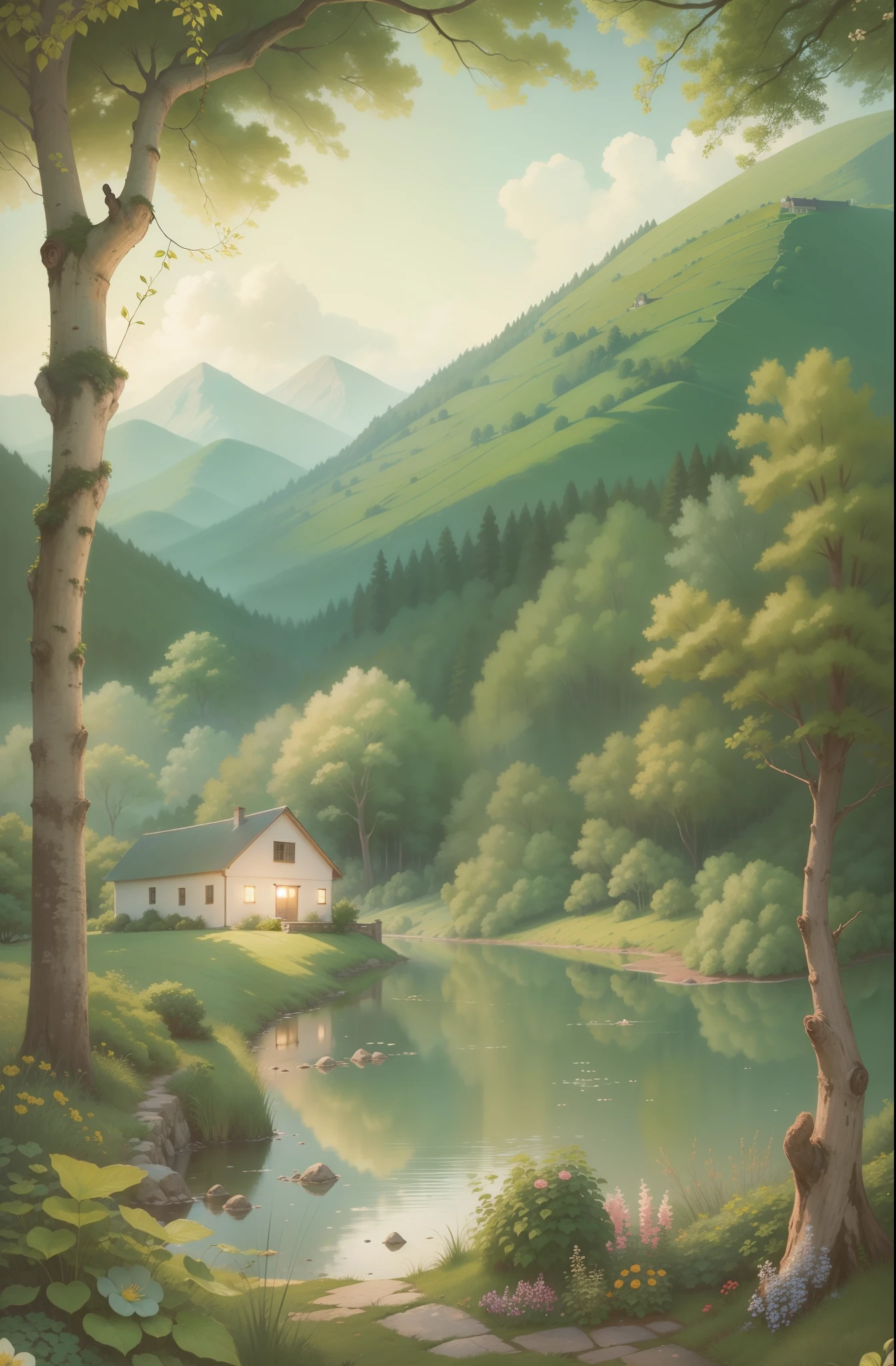 A house situated at the foot of a majestic mountain, cercado por uma floresta densa e perto de um rio sereno. The illustration is a classic representation in the style of Beatrix Potter, with minute details in the trees, no rio atras da casa. The panoramic view is richly elaborated, displaying a color palette composed exclusively of natural tones that enhance all aspects of the design. From a distance, o rio se estende, and a meticulously drawn lake adds depth to the image, com diversas montanhas adornando o horizonte. Em resumo, grama na frente da casa, is a classic illustration that echoes the style of Beatrix Potter.