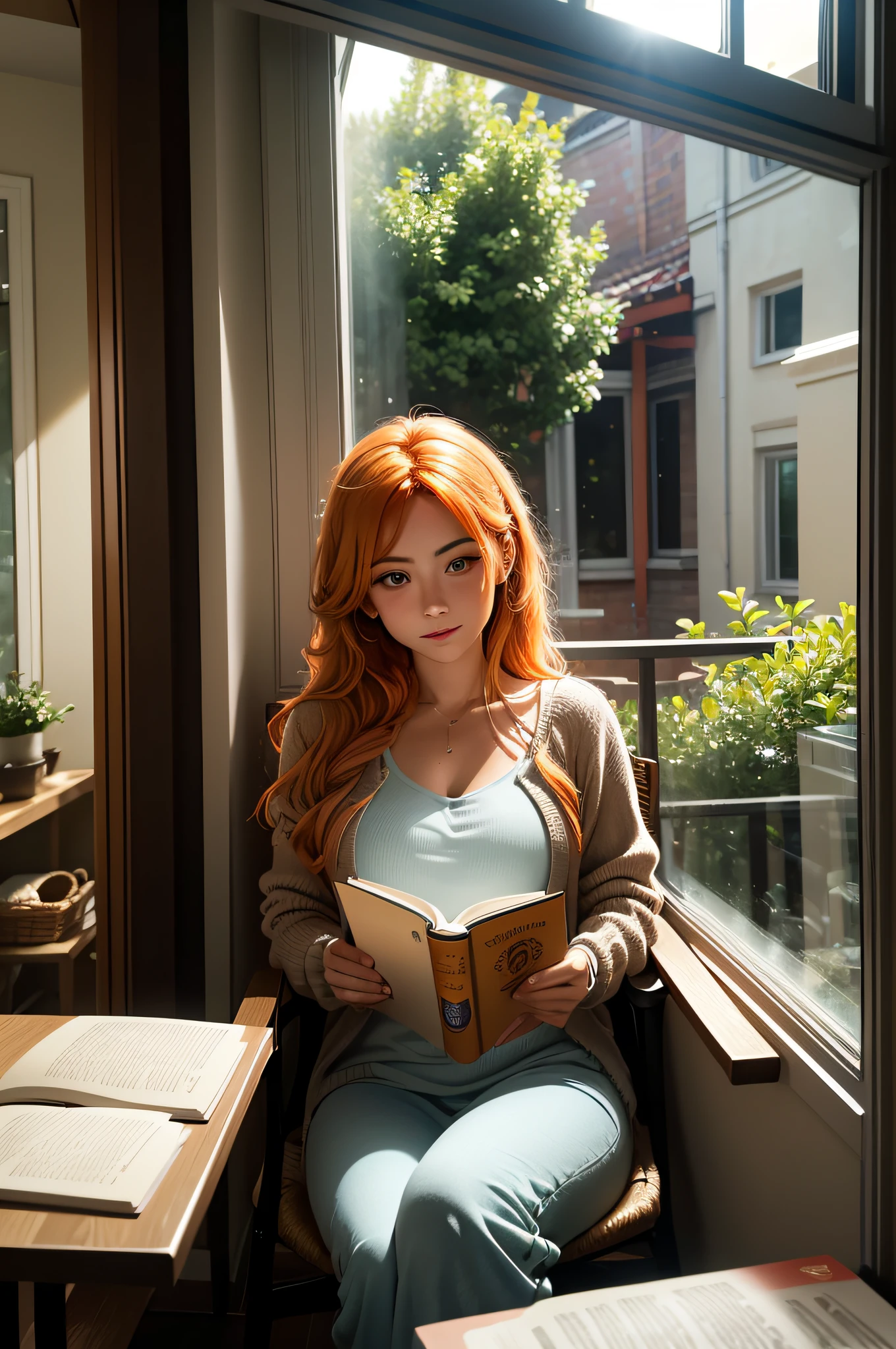 Create an image of Sophia Garcia, 20 year old orange haired Turkish woman, sitting on a cozy window seat, surrounded by books, bathed in soft, natural light. She is holding a well-loved book in one hand and a steaming cup of coffee in the other. Sophia should have a look of contentment on her face as she enjoys her reading time. The view outside the window should depict a lush garden, adding to the peaceful and inviting atmosphere. Emphasize the serene and bookish mood, aiming for a high level of realism.