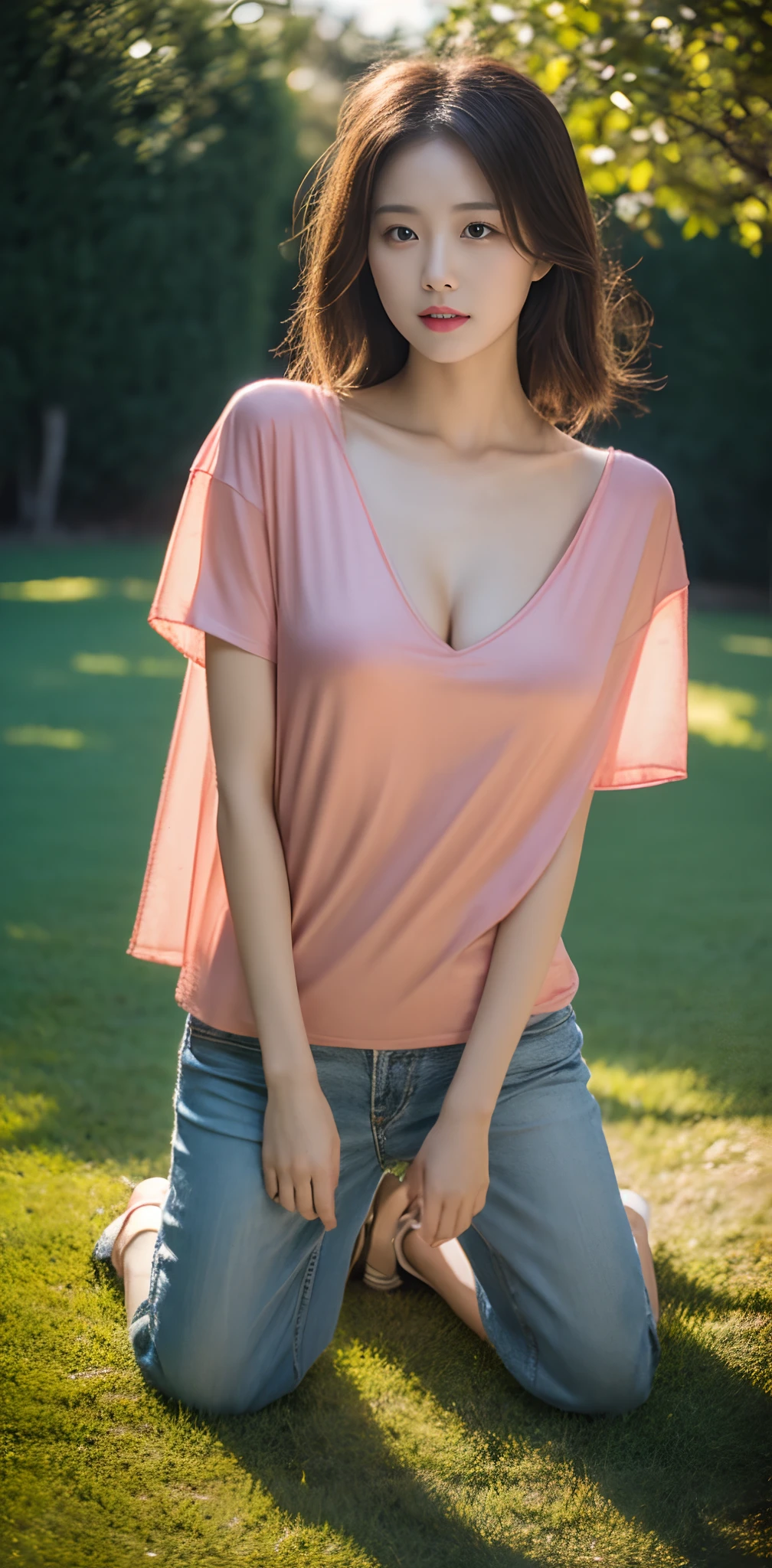 1 beautiful woman taking pictures on the grass of the villa,RAW photos,tmasterpiece,(highdetailskin:1.2),8k ultra high definition,digital SLR camera,gentlesoftlighting,high high quality,filmgrain,富士XT3,20 years old Asian woman,Wear simple clothes,T-shirt and white loose slacks,Detailed clothing details:1.3,perfect body figure,Perfect breasts and nipple bulge,The legs are straight and slender,Branded stylish shoes:0.6,Super detailed facial details and skin,Fair pink face and skin,The skin is pink,with light glowing,二重まぶた,Super detailed eyes,(Gloss on lips, eyeslashes, Glossy face, Best quality, Super high resolution, warm color,Wide lighting, naturalshadow), Sexy, Full body shooting: 1.8