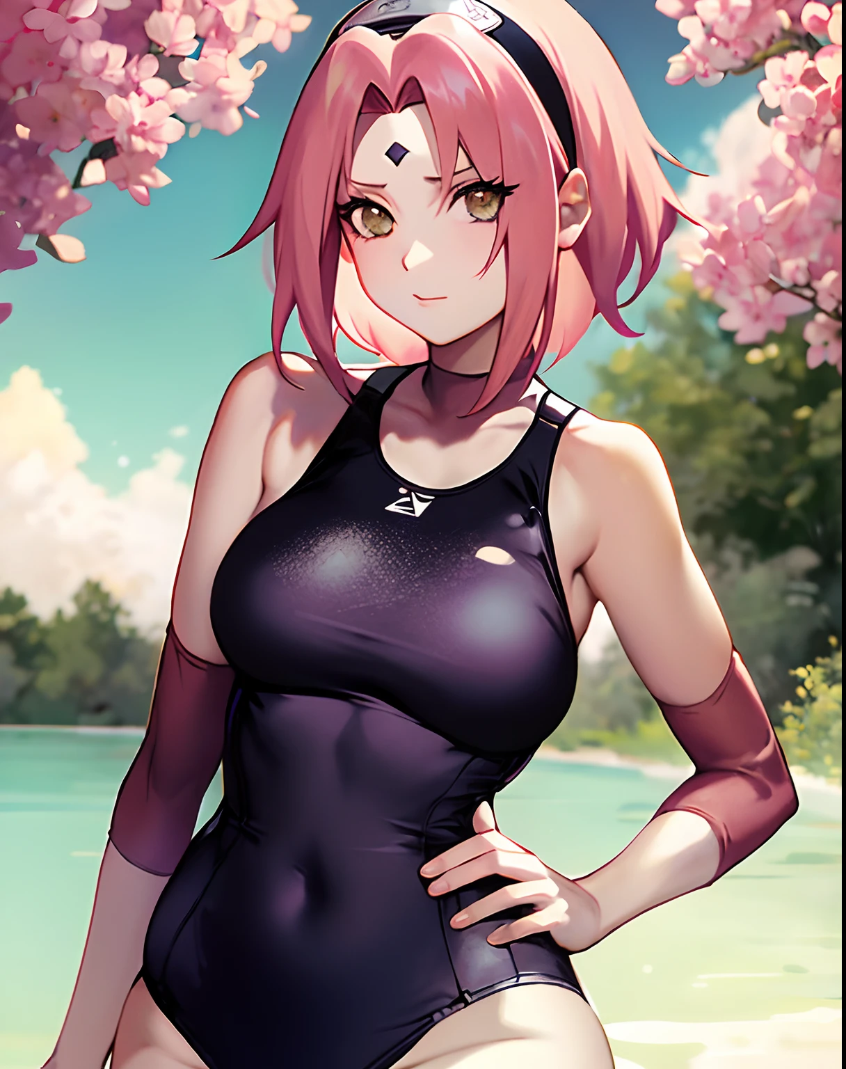 Sakura Haruno,Naruto\(Series\),naruto shippuuden,Anime art style,tmasterpiece,looking at viewert,full bodyesbian,Fighting posture,swimming uniform,one piece swimsuit,short detailed hair,Forehead protector,shairband,Mummy leaf symbol on headband,1girll,独奏,By bangs,nedium breasts,Keep one's mouth shut,Elbow sleeves,eye visible through hair,Floating hair,ssee-through,greene eyes,hair intakes,Parted bangs,with pink hair,Bigchest,V-shapped eyebrows,detailed back ground,exteriors,SakuraNS,Skysky,clouds,ventania,In the daytime,rays of sunshine,