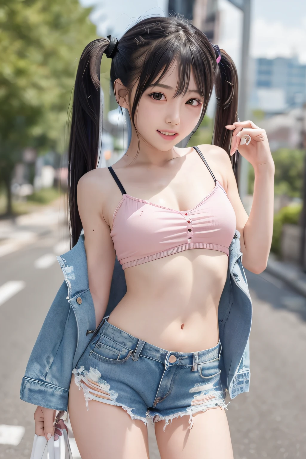 8K, top-quality, realisitic, Photorealsitic, 独奏, 1 rapariga, optic, ​masterpiece, Funny face, cute eye,(A smile:1.2), (black and twintail hair:1.3), shinny hair、depth of fields, slenderbody, (Pink camisole:1.3)、a navel、Inter-strands、(ripped denim shorts:1.3)、(Her shorts are unbuttoned)、 hart-shaped kinky tattoo、Raw feet、Street、thighs thighs thighs thighs, an legs, City Background, (hason, lower abdom: 1.6),(heavy wind:1.4),(cloudiness:1.2), 、(crotch seam:1.3)、(chick:1.2)、(Lori:1.3)、(Cheeky little:1.3)、red eyes、(Tsurime:1.3)、mole under right eye、She is showing her double teeth