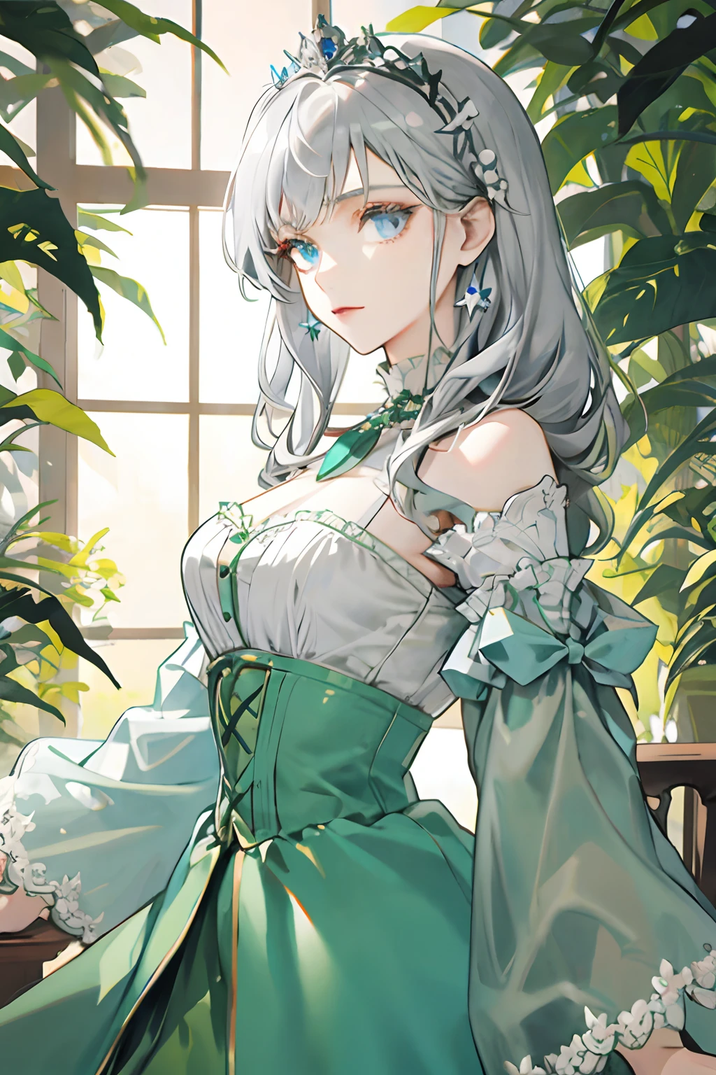 Silver-gray hair, Light blue eyes, Princess of the Queen's Family, Noble beauty, Detailed face, Green skirt,Carbon and nitrogen