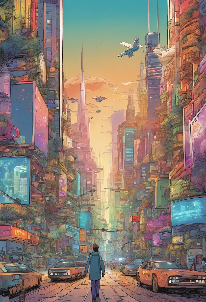 A bustling city of the future. Skyscrapers adorned with holographic billboards stretch towards the sky. people, Both humans and robots, Actively moving along the streets.. The atmosphere is buzzing in harmony with the chatter of humans and the buzzing of robots.