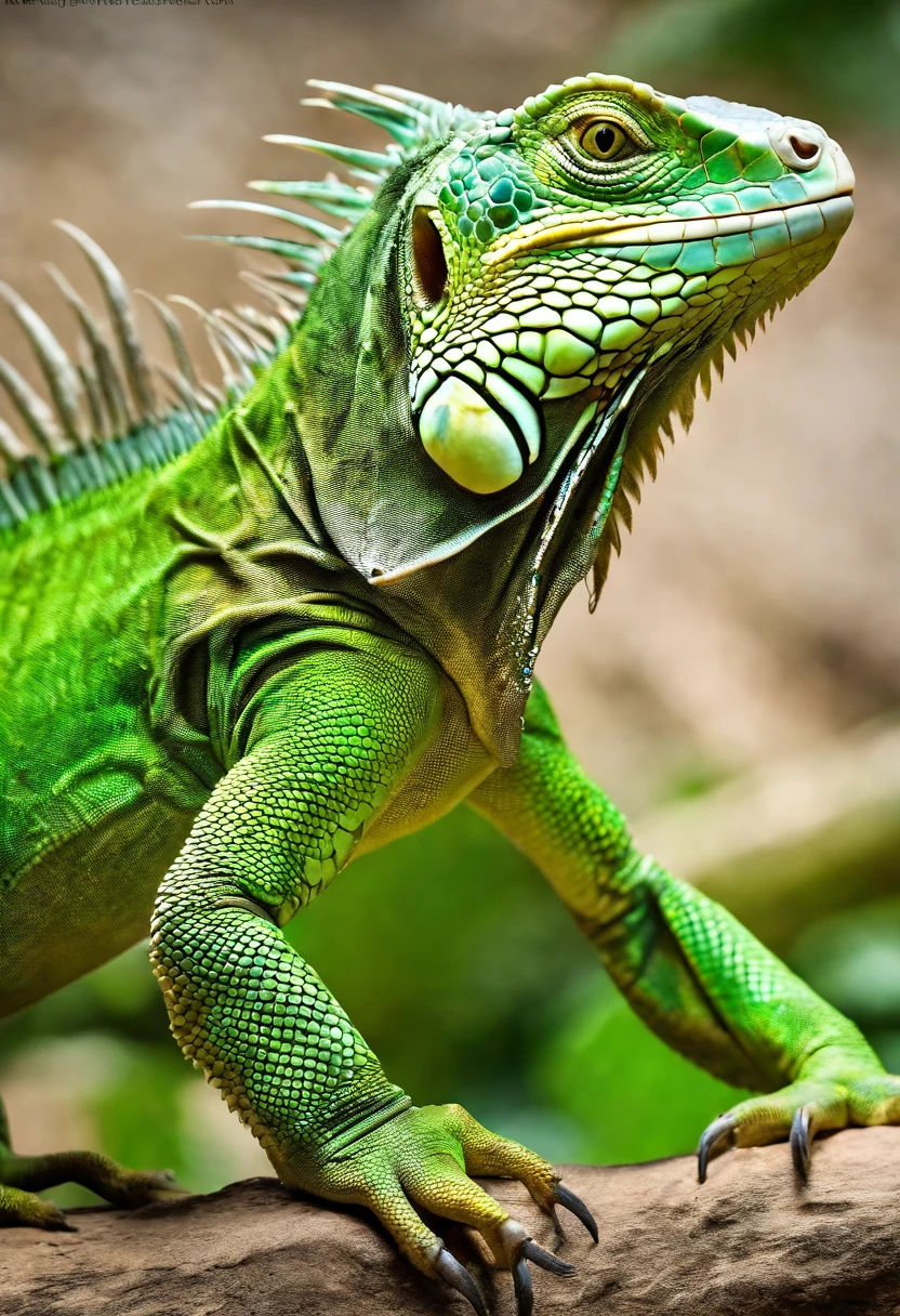 Green iguana，adult，Body shape huge，The backstab is long and pronounced，the detail，Skin bumpiness texture，Vivid colors