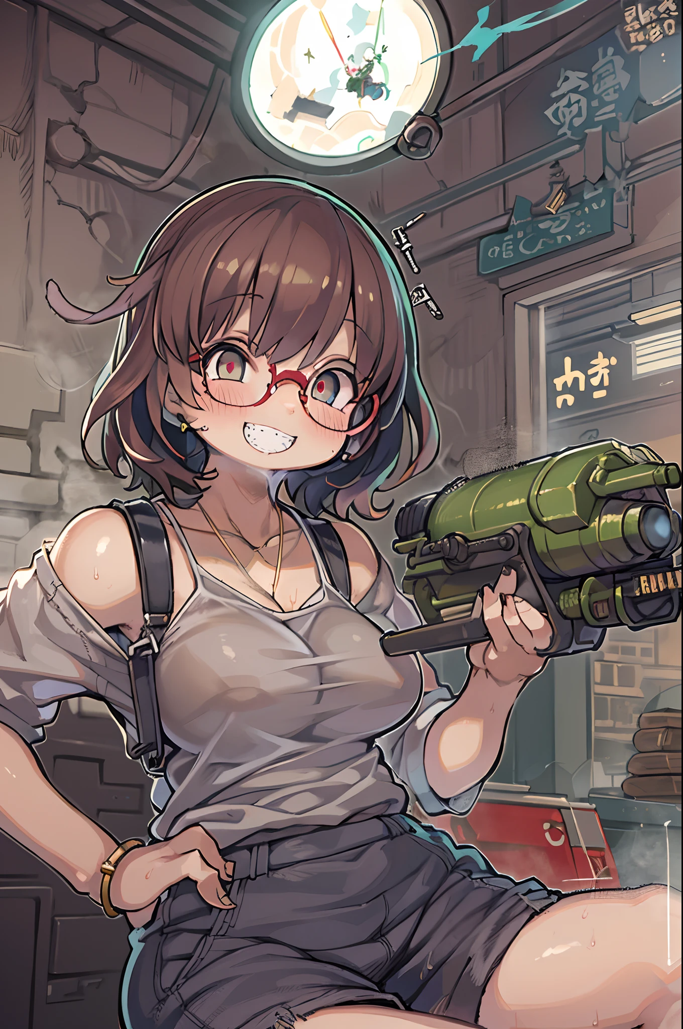 masutepiece, Best Quality, 1girl in, Sharp eyes, Smile,rocket launcher、big round glasses,Camisole、Jagged teeth