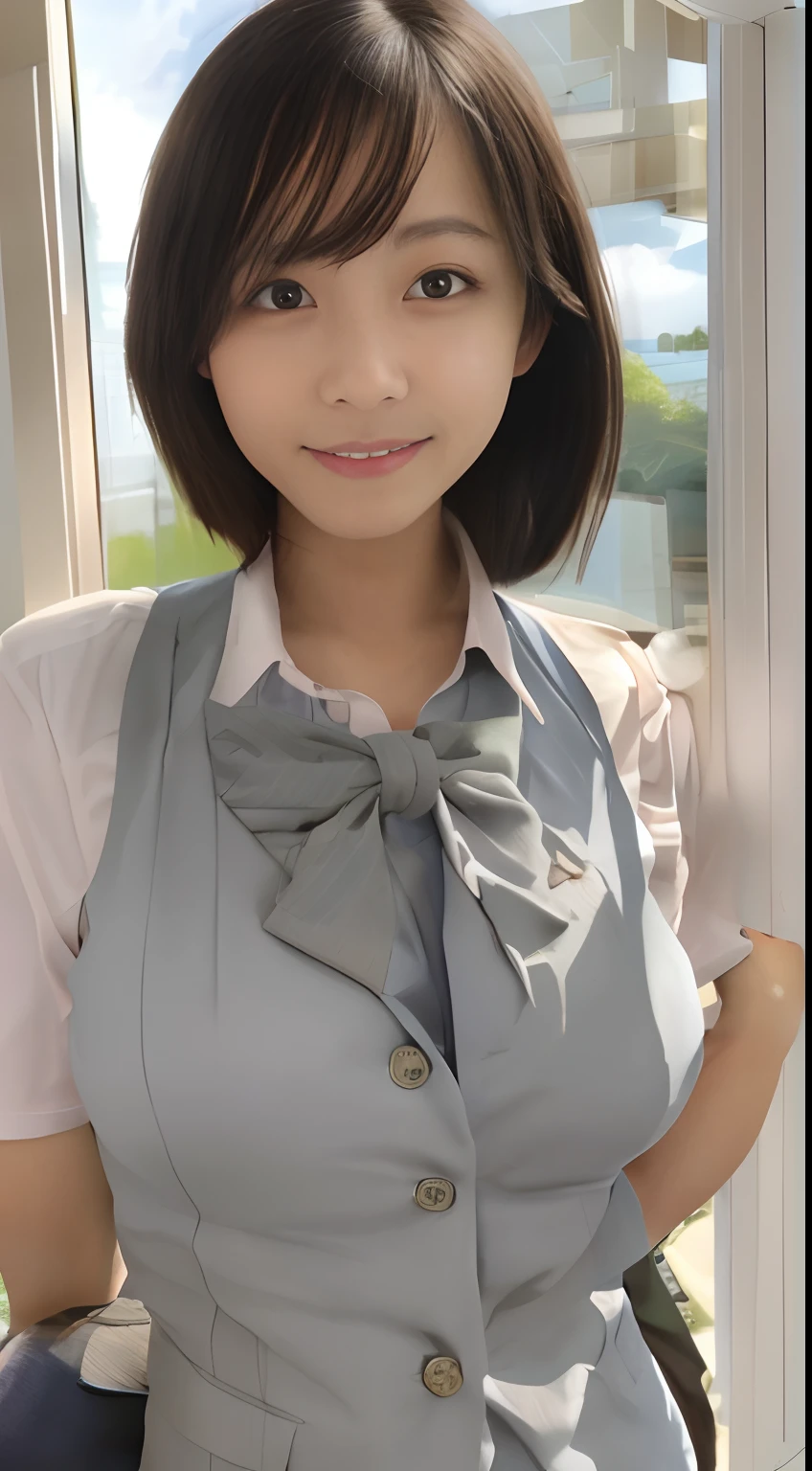 1girll，a matural female，vests，Bow knot，photore，realisticlying，best qualtiy，employee，详细的脸，office room，The building outside the window，detailed back ground，Diffused sunlight，depth of fields，Background bokeh，Turn to the camera，ssmile