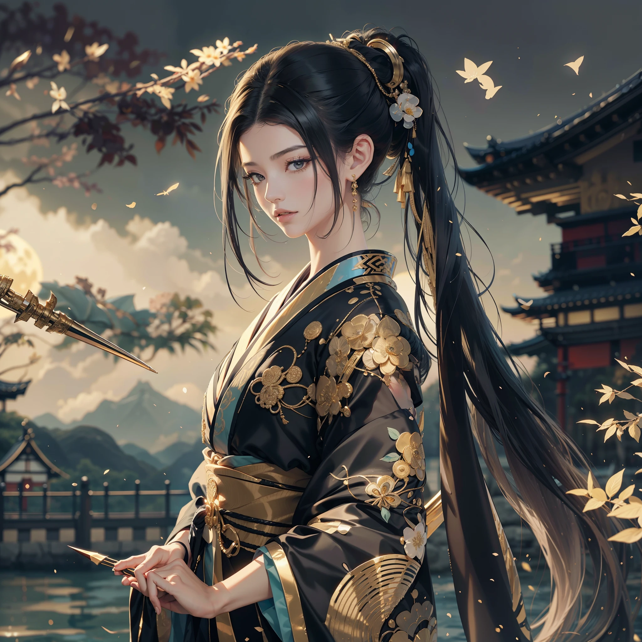 watching at viewers、Ancient capital and moon in the background、poneyTail、Woman with shiny black hair、{{{Luxury kimono(Black kimono(Detailed golden embroidery,))}}}、face perfect,Depict a beautiful and graceful woman of Japan。Heart in the eye。full body Esbian。 Wallpaper 8K, .Blur the background with a sickle,((masutepiece)), ((Best Quality))