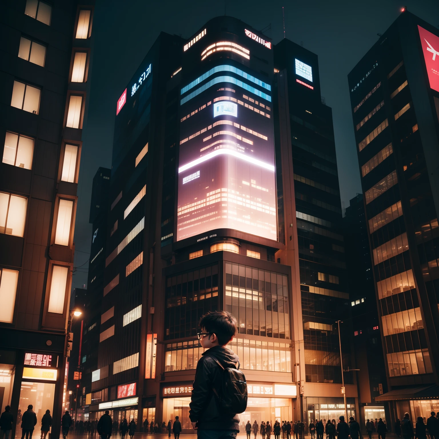Vast buildings、Shibuya cityscape、Bustle at night、Projection mapping illuminated by buildings、 with cute glasses、