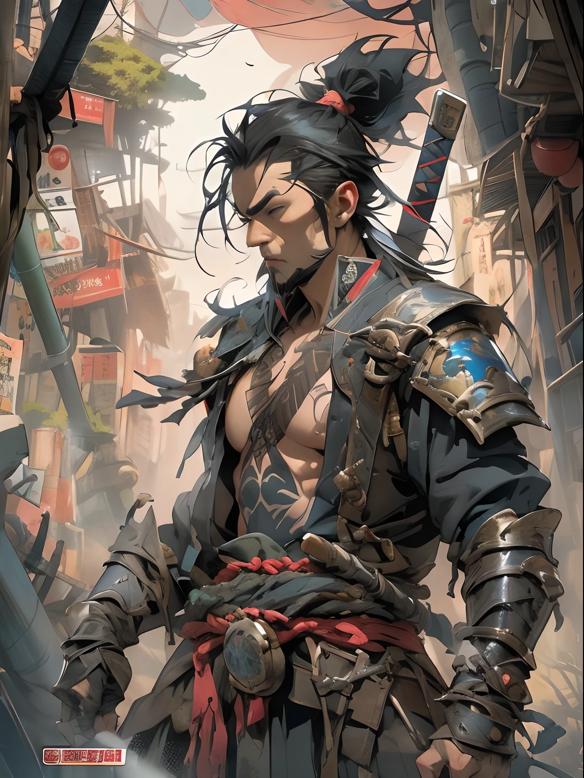 (((mtu))), (((best qualityer))), (((tmasterpiece))), (((AS-Adult))), ((( Japanese ))), Look up from your knees, Handsome Asian samurai,perfect body figure, Modern samurai, ((( Asian))), Wear gloves on your hands,The left arm is made of steel and metal tips,Made of protective devices, The eyes are pulled, (( Appears below the chest )), (( Small dental floss )), Simon Bisley, Almost naked(Simon Bisley)Castle City Wilderness,For high-resolution posters, hair straight, Minimum clothing, armure (Crazy clothes ), Full of tips and rivets, tribal tattoos, (((full bodyesbian))), Straight brunette hair,Colored hair ends