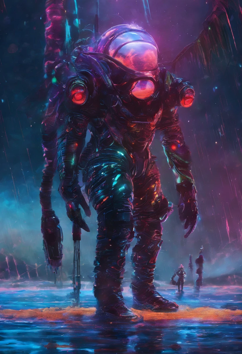 astronaut，Walking on water，See a large alien creature，（Translucent water sprite，It grows a pair of wings），Fly out of the sea，Splashes，Ambient blue lighting, There are plants, Rich color，light effects，Film Effect，tmasterpiece,The sky comes in a variety of colors