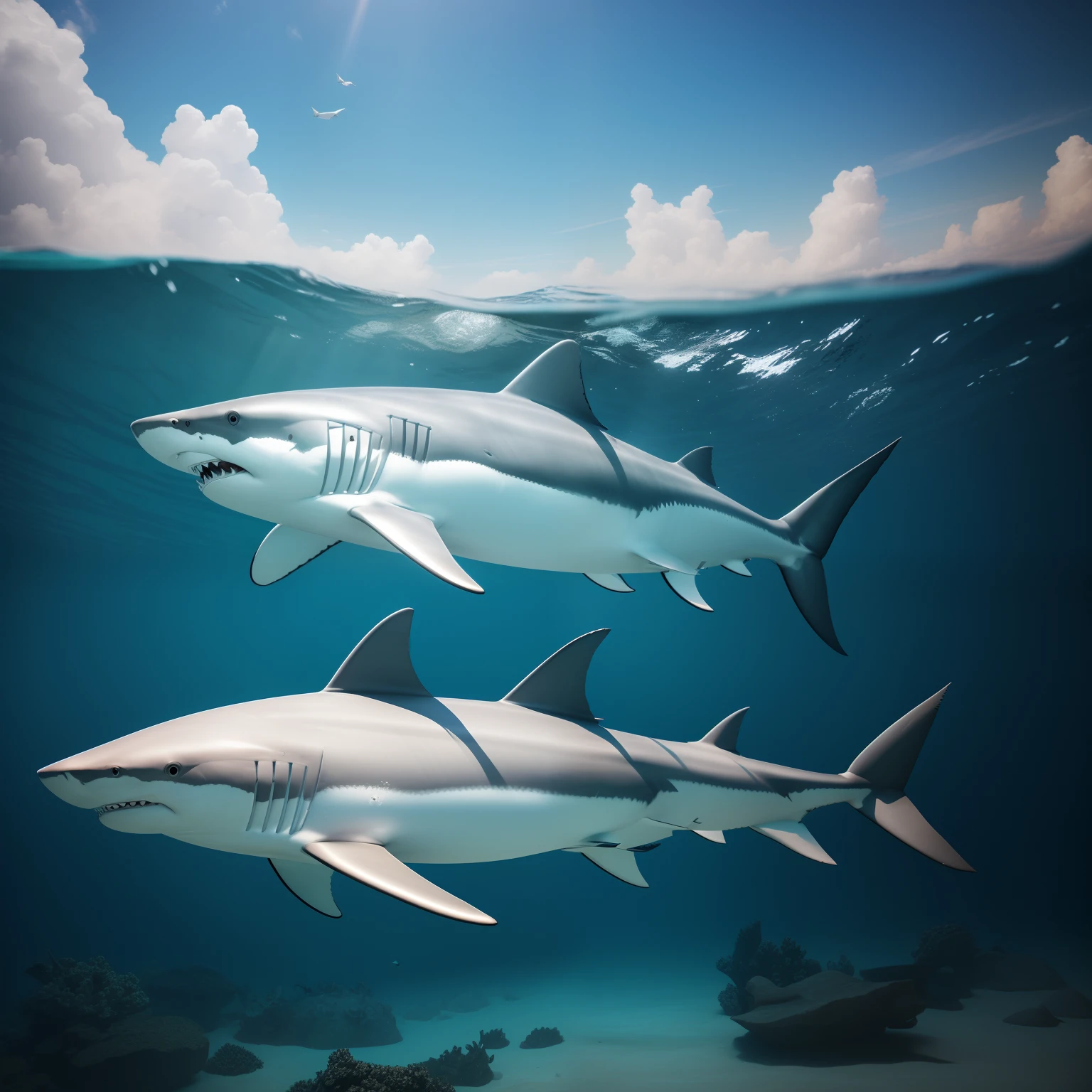 Creating a super-realistic depiction of a great white shark on the high seas requires advanced 3D modeling and rendering skills. Here are the general steps you can take to create this representation::
1. **Pesquisa:** Start by researching images and videos of great whites in their natural environment to get accurate references of their appearance and behavior.
2. **Software de Modelagem 3D:** Use um software de modelagem 3D como Blender, Maya or Cinema 4D to create the three-dimensional model of the shark. Be sure to pay attention to details, como texturas da pele, barbatanas e dentes.
3. **Texturing:** Apply realistic textures to the shark model to give it the correct appearance of the skin and fins. This may involve creating detailed texture maps.
4. **animification:** If you want the shark to move realistically, you'll need to cheer it up. Isso envolve criar esqueletos e controladores para movimentar o modelo de acordo com o comportamento esperado.
5. **Lighting and Rendering:** Set up realistic lighting for the scene and use a high-quality rendering engine to produce final images. Isso pode levar tempo, because realistic rendering can be time-consuming.
6. **post - production:** After rendering, You can use image editing software, como o Adobe Photoshop, to further enhance the appearance of the image, ajustando cores, contraste e adicionando efeitos.
7. **Som:** For a complete representation, adicione efeitos sonoros realistas, like the sound of water and the roar of the shark.
8. **compositing:** Place the shark model on the ocean bottom scene. This involves matching perspective and lighting with the marine environment.
9. **Review and Adjustments:** Perform ongoing reviews and adjustments based on feedback and critical analysis to enhance the reality of representation.
Remember that creating a super-realistic representation can be a time-consuming process and requires skill