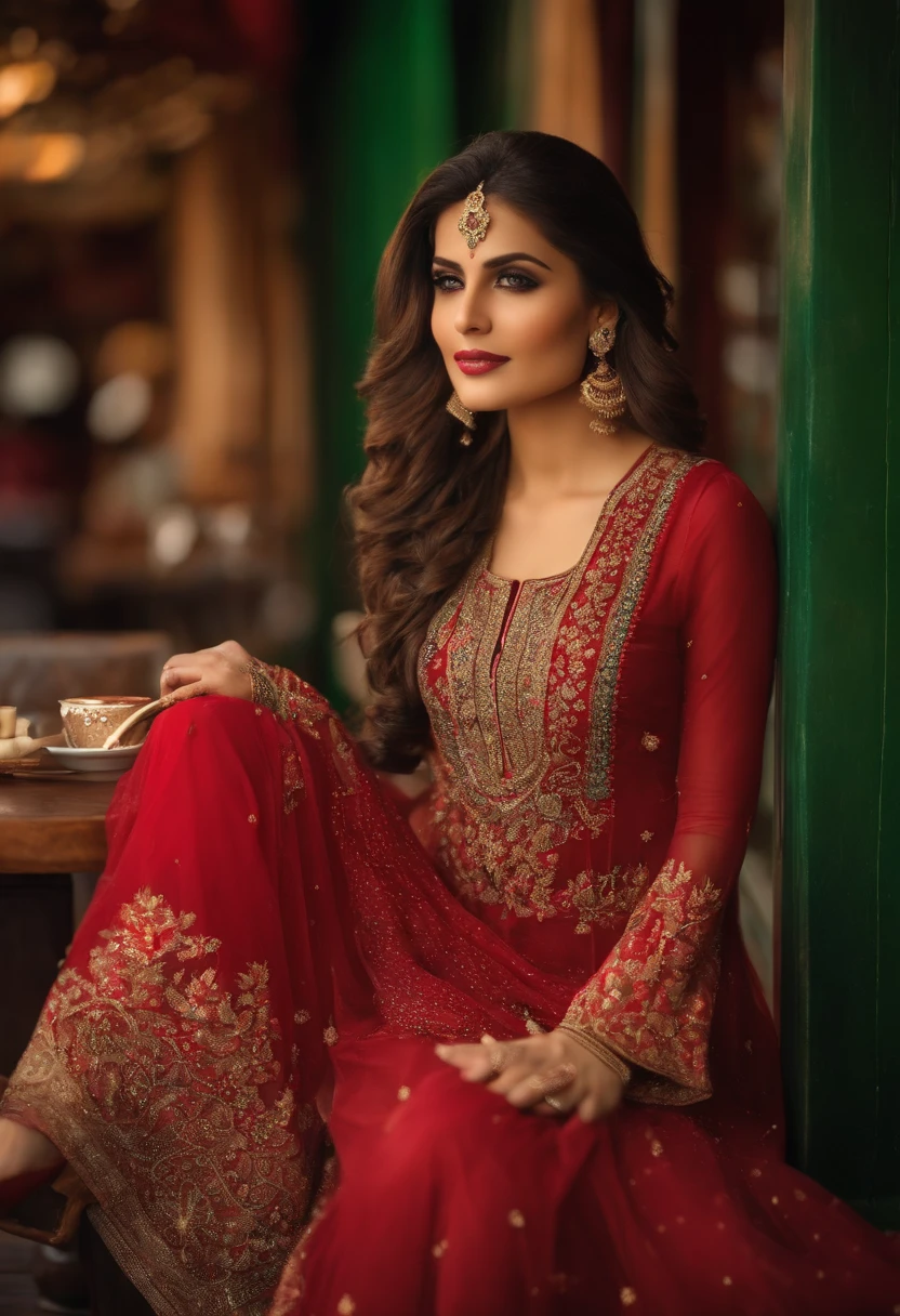 In traditional pakistani dresses, seductive pose, standing in coffee shop, big ??????