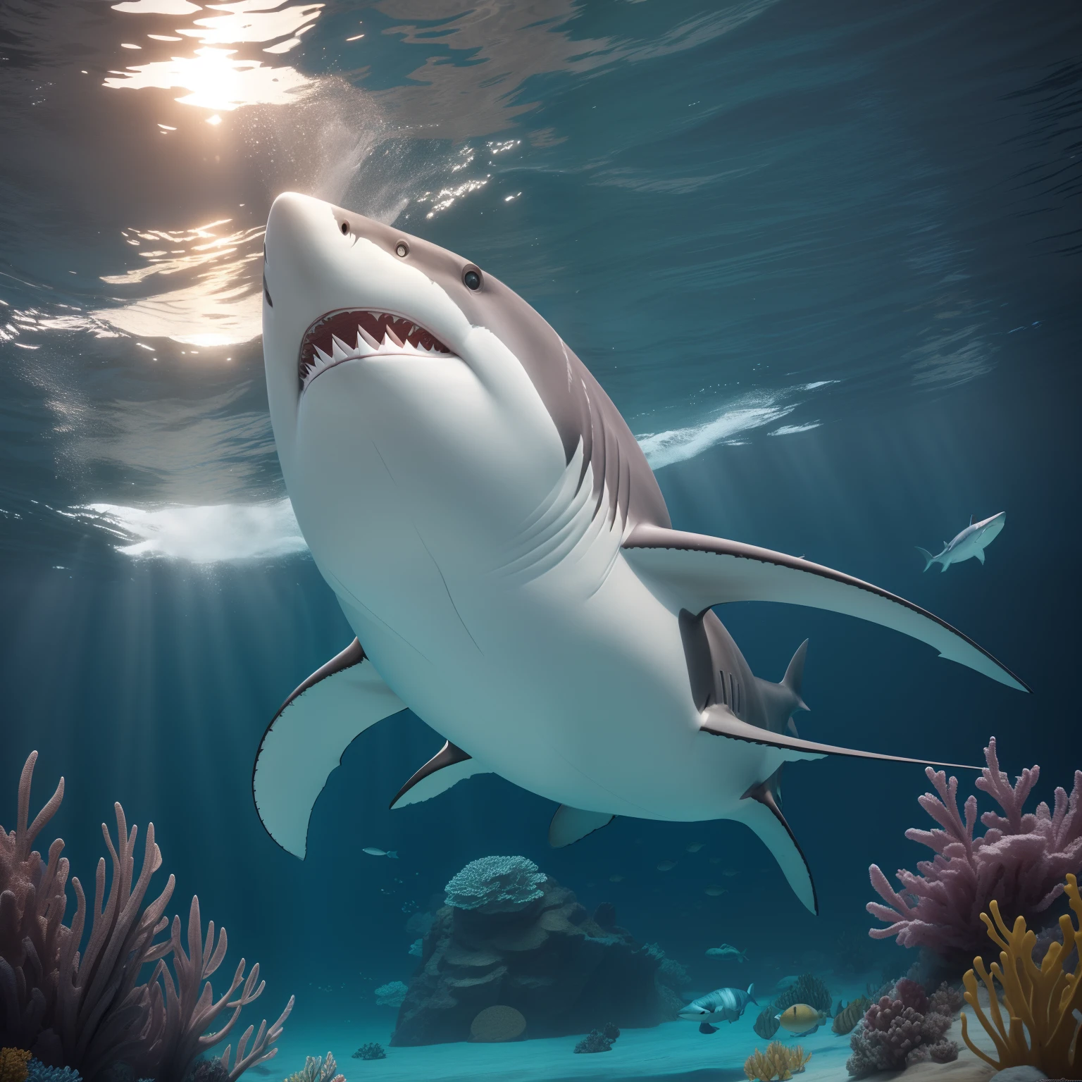 Creating a super-realistic depiction of a great white shark on the high seas requires advanced 3D modeling and rendering skills. Here are the general steps you can take to create this representation::

1. **Pesquisa:** Start by researching images and videos of great whites in their natural environment to get accurate references of their appearance and behavior.

2. **Software de Modelagem 3D:** Use um software de modelagem 3D como Blender, Maya or Cinema 4D to create the three-dimensional model of the shark. Be sure to pay attention to details, como texturas da pele, barbatanas e dentes.

3. **Texturing:** Apply realistic textures to the shark model to give it the correct appearance of the skin and fins. This may involve creating detailed texture maps.

4. **animification:** If you want the shark to move realistically, you'll need to cheer it up. Isso envolve criar esqueletos e controladores para movimentar o modelo de acordo com o comportamento esperado.

5. **Lighting and Rendering:** Set up realistic lighting for the scene and use a high-quality rendering engine to produce final images. Isso pode levar tempo, because realistic rendering can be time-consuming.

6. **post - production:** After rendering, You can use image editing software, como o Adobe Photoshop, to further enhance the appearance of the image, ajustando cores, contraste e adicionando efeitos.

7. **Som:** For a complete representation, adicione efeitos sonoros realistas, like the sound of water and the roar of the shark.

8. **compositing:** Place the shark model on the ocean bottom scene. This involves matching perspective and lighting with the marine environment.

9. **Review and Adjustments:** Perform ongoing reviews and adjustments based on feedback and critical analysis to enhance the reality of representation.

Remember that creating a super-realistic representation can be a time-consuming process and requires skill