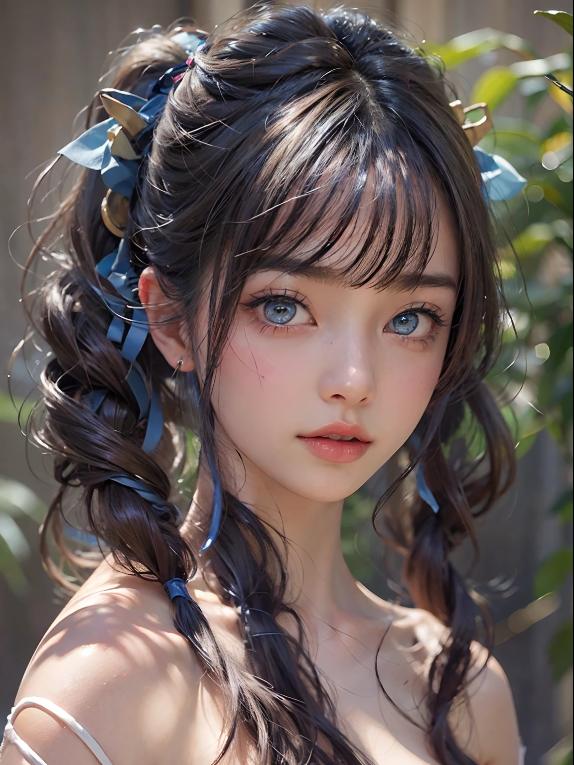 nsfw, 1girl, nude, (masterpiece: 1.4), (8K, realistic, raw photo, best quality: 1.4), skirtlift, strip naked, lying, nipple areola shape clear, beautiful breasts, Japanese girl, beautiful cute face, (real face: 1.4), perfect pussy, beautiful hairstyle, realistic blue eyes, beautiful detail eyes, (real skin: 1.3), beautiful skin, attractive, ultra high resolution, ultra realistic, cinematic lighting, black colored hair, long hair, twin ponytails, blue ribbons, ancient china, eastern fantasy, bedroom with lanterns, after sex