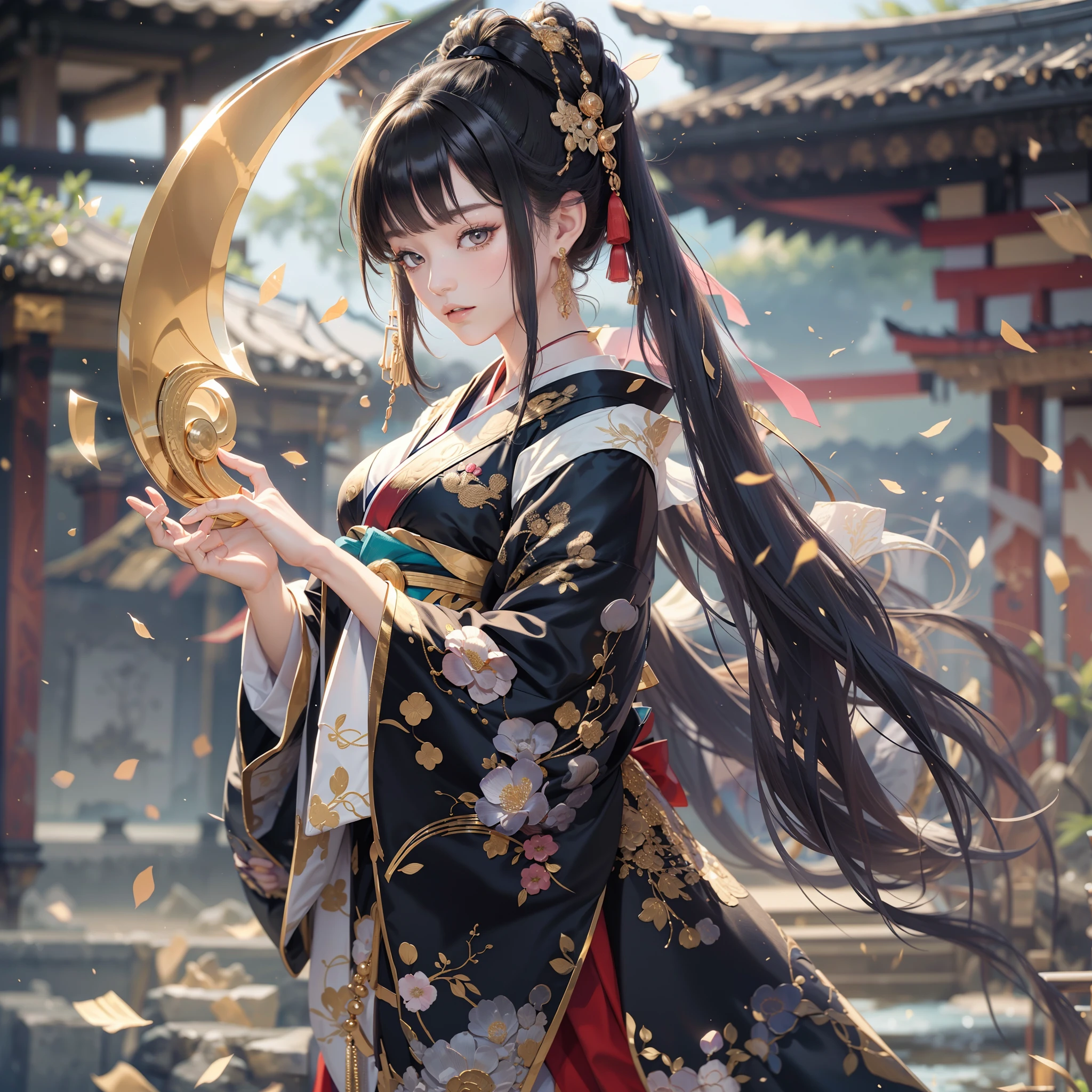 watching at viewers、Ancient capital and moon in the background、poneyTail、Woman with shiny black hair、{{{Luxury kimono(Black kimono(Detailed golden embroidery,))}}}、face perfect,Depict a beautiful and graceful woman of Japan。Heart in the eye。full body Esbian。 Wallpaper 8K, .Blur the background with a sickle,((masutepiece)), ((Best Quality))