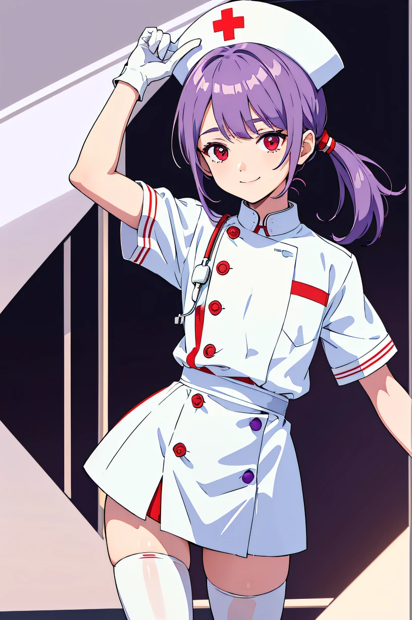 1boy, male focus, nurse, nurse cap, white wear, ((white legwear, zettai ryouiki)), white gloves, long hair, purple hair, red eyes, smile, standing, ((hospital room)), sharp outline, short sleeves, shota, ************, best quality, masterpiece