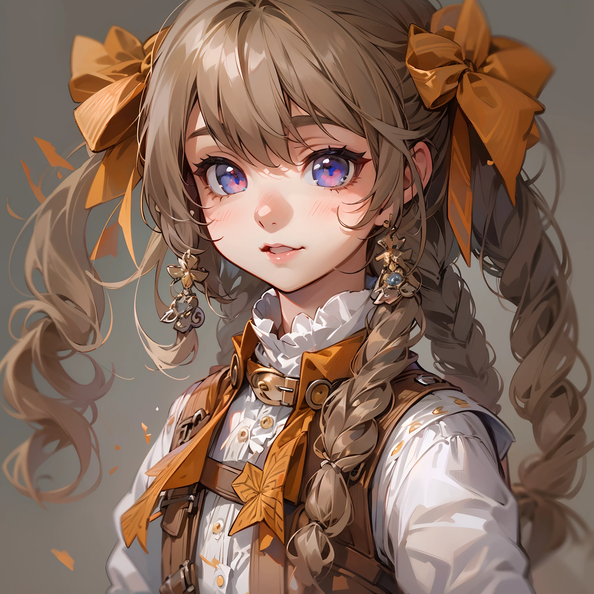 (1girls), Meisterwerk, best quality, super feine Illustration, an extremely cute girl, highly detailed beautiful face, Blick auf den Betrachter, 1girls, belts, Closeup, Blick auf den Betrachter, 4K, hight resolution, ribbon, Firis Mistuld, flush, Pov, Twintail-Haar, white background, Einfacher Hintergrund, Dicke Kontur, lila Augen, (schlafen), Braunes Haar, Chibi (Disambiguation, Ausdruck der Liebe, ((Braunes Haar)), (Blut),