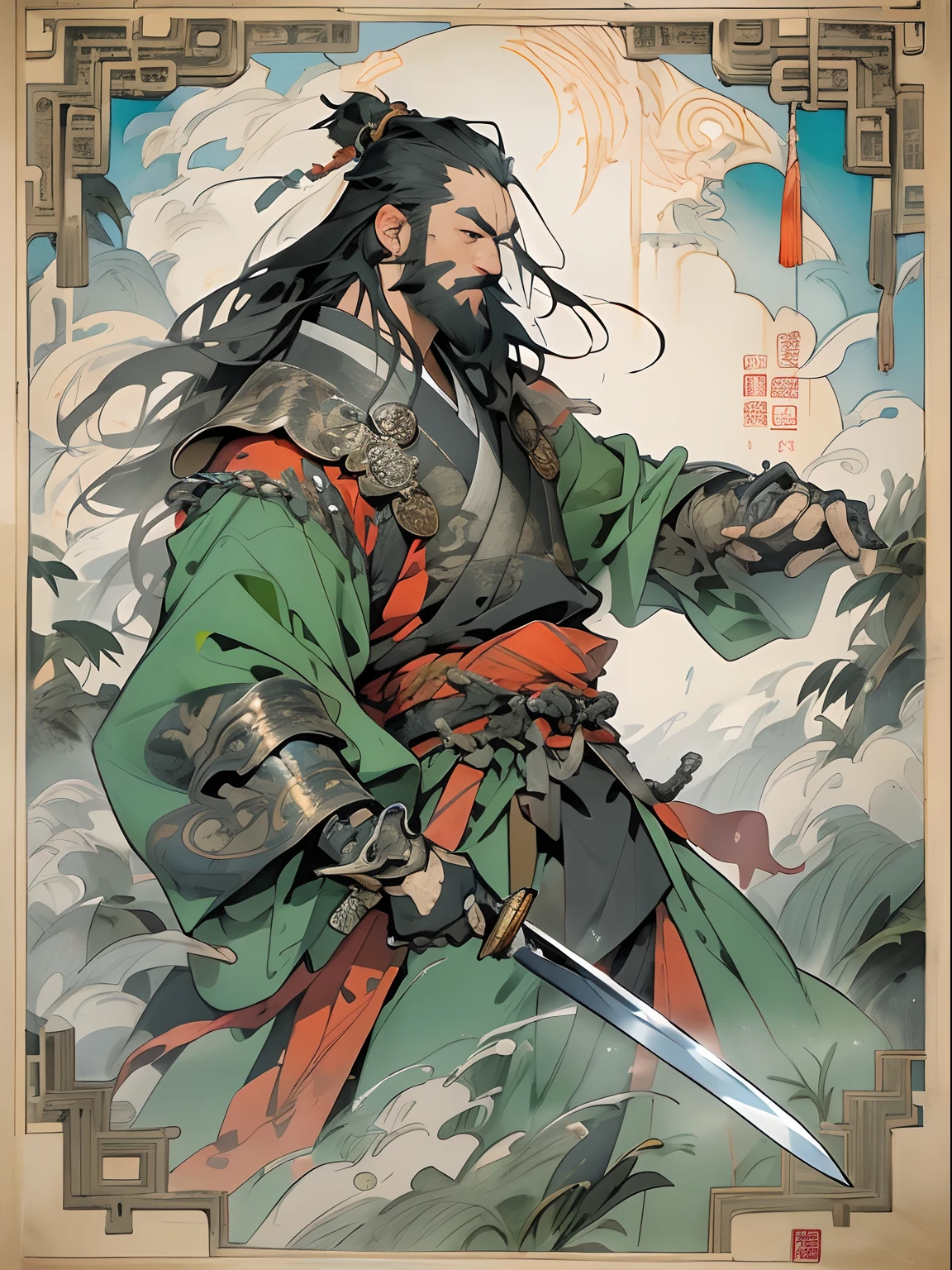 (((China-style，Ink painting method，Half-length portrait，Intense color，Han dynasty, China，Hanfu，Armor，Guan yu，Guan Yunchang，of a guy，Ruddy killing square face，Hold the Blue Dragon Moon Knife in his right hand，Stroke your beard with your left hand，Long hair，petty eyes，Green robe))), (((best qualityer))), (((tmasterpiece))), (((AS-Adult))), ((( Japanese ))), Look up from your knees, Handsome Asian samurai，perfect body figure, Modern samurai, ((( Asian))), Wear gloves on your hands，The left arm is made of steel and metal tips，Made of protective devices, The eyes are pulled, (( Appears below the chest )), (( Small dental floss )), Simon Bisley, Almost naked（Simon Bisley）Castle City Wilderness，For high-resolution posters, hair straight, Minimum clothing, armure (Crazy clothes ), Full of tips and rivets, tribal tattoos, (((full bodyesbian))), Straight brunette hair，Colored hair ends