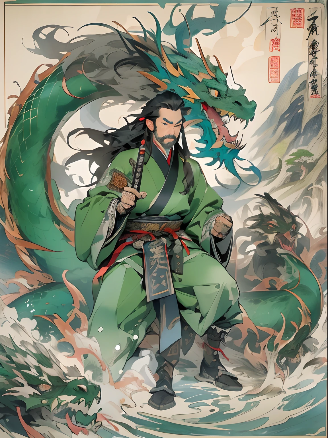 (((China-style，Ink painting method，Half-length portrait，Intense color，Han dynasty, China，Hanfu，Armor，Guan yu，Guan Yunchang，of a guy，Ruddy killing square face，Hold the Blue Dragon Moon Knife in his right hand，Stroke your beard with your left hand，Long hair，petty eyes，Green robe))), (((best qualityer))), (((tmasterpiece))), (((AS-Adult))), ((( Japanese ))), Look up from your knees, Handsome Asian samurai，perfect body figure, Modern samurai, ((( Asian))), Wear gloves on your hands，The left arm is made of steel and metal tips，Made of protective devices, The eyes are pulled, (( Appears below the chest )), (( Small dental floss )), Simon Bisley, Almost naked（Simon Bisley）Castle City Wilderness，For high-resolution posters, hair straight, Minimum clothing, armure (Crazy clothes ), Full of tips and rivets, tribal tattoos, (((full bodyesbian))), Straight brunette hair，Colored hair ends
