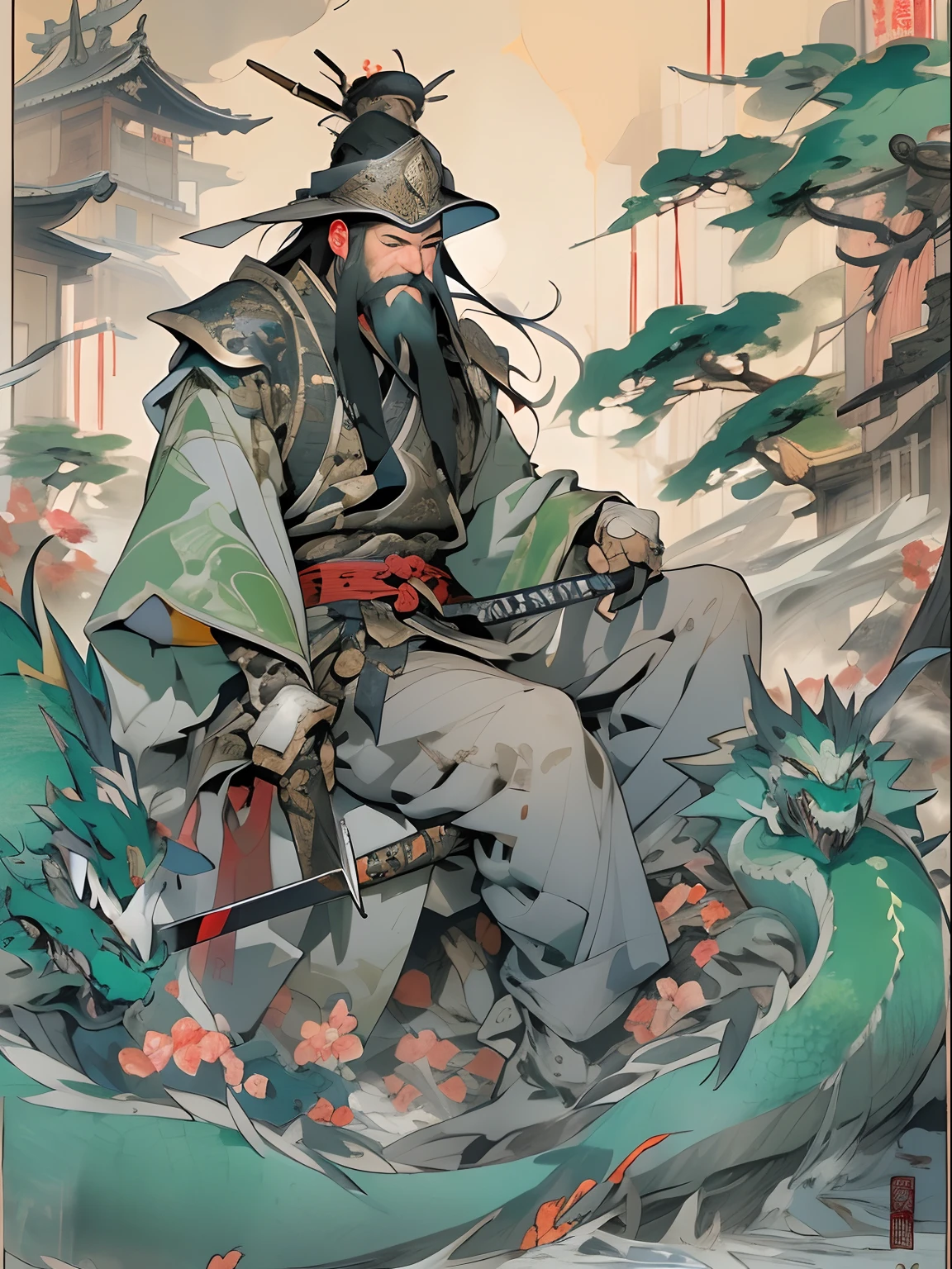 (((China-style,Ink painting method,Half-length portrait,Intense color,Han dynasty, China,Hanfu,Armor,Guan yu,Guan Yunchang,of a guy,Ruddy killing square face,Hold the Blue Dragon Moon Knife in his right hand,Stroke your beard with your left hand,Long hair,petty eyes,Green robe))), (((best qualityer))), (((tmasterpiece))), (((AS-Adult))), ((( Japanese ))), Look up from your knees, Handsome Asian samurai,perfect body figure, Modern samurai, ((( Asian))), Wear gloves on your hands,The left arm is made of steel and metal tips,Made of protective devices, The eyes are pulled, (( Appears below the chest )), (( Small dental floss )), Simon Bisley, Almost naked(Simon Bisley)Castle City Wilderness,For high-resolution posters, hair straight, Minimum clothing, armure (Crazy clothes ), Full of tips and rivets, tribal tattoos, (((full bodyesbian))), Straight brunette hair,Colored hair ends