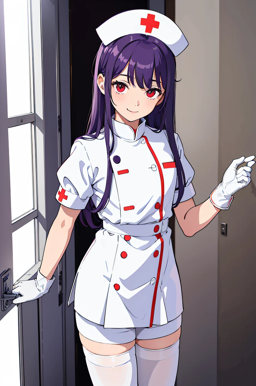 1boy, male focus, nurse, nurse cap, white wear, ((white legwear, zettai ryouiki)), white gloves, long hair, purple hair, red eyes, smile, standing, ((hospital room)), sharp outline, short sleeves, shota, , best quality, masterpiece